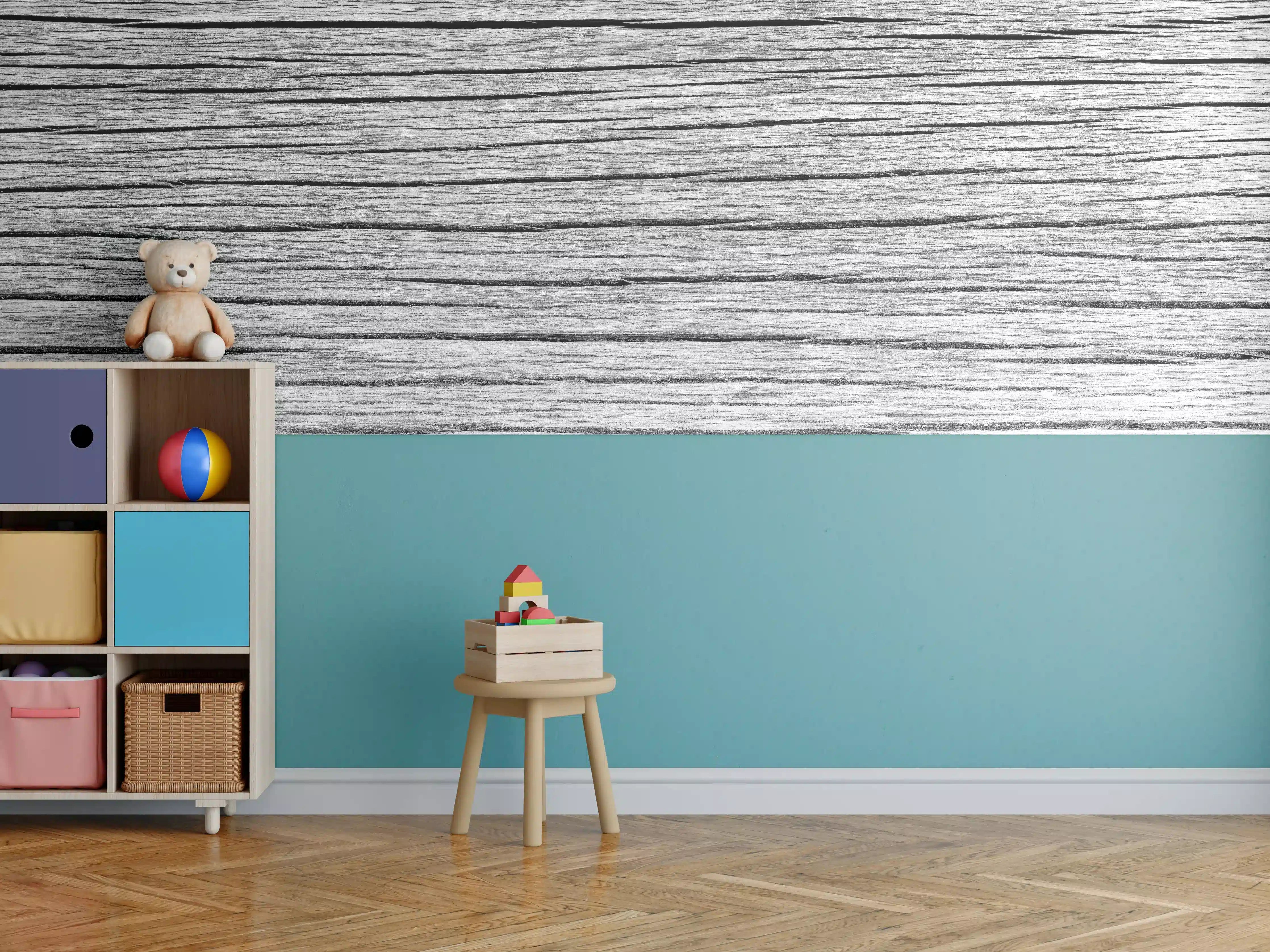 Kinderzimmer Wandgestaltung - Graue Holzmaserung mit feiner Textur