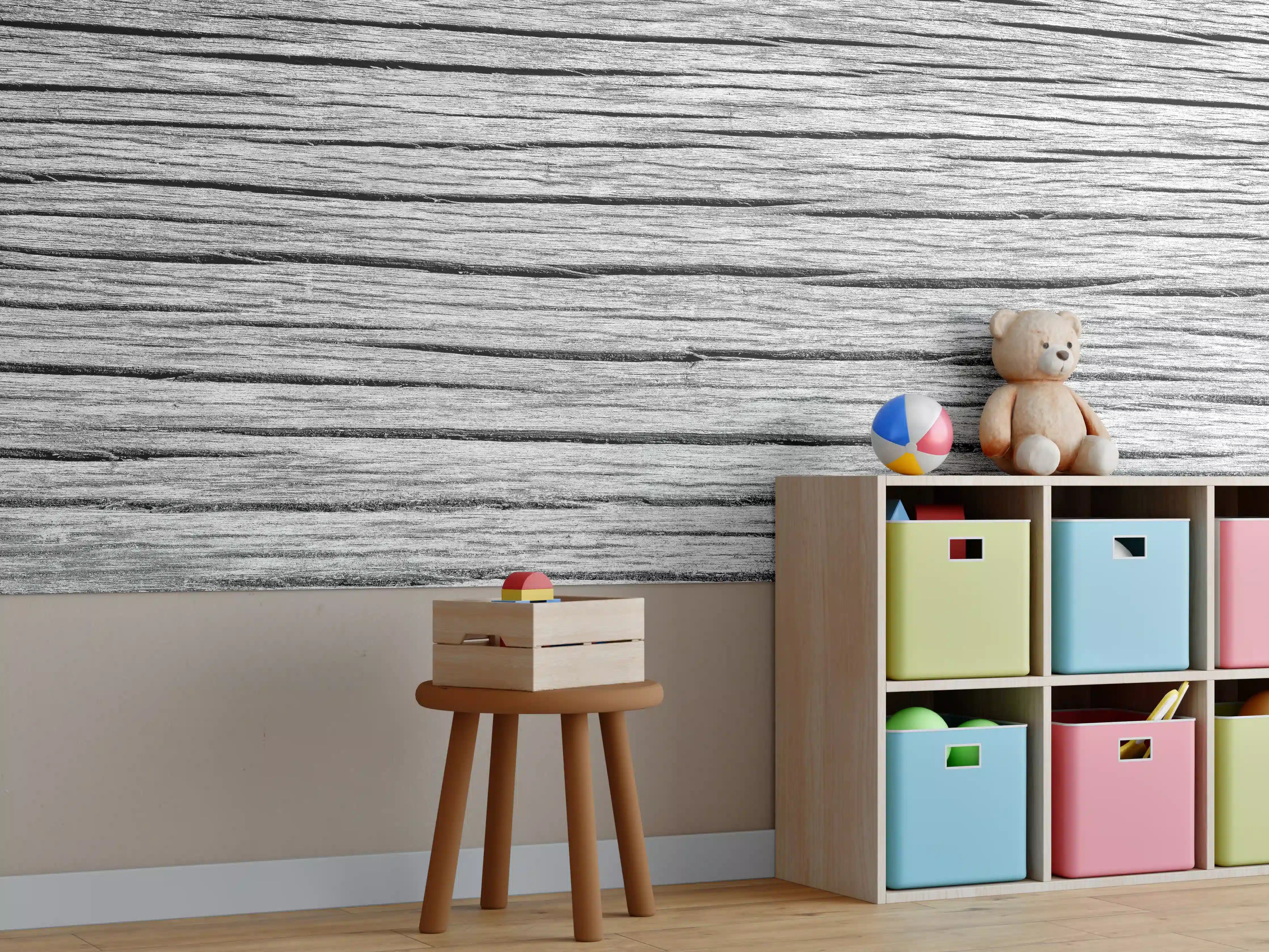 Kinderzimmer Wandgestaltung - Graue Holzmaserung mit feiner Textur