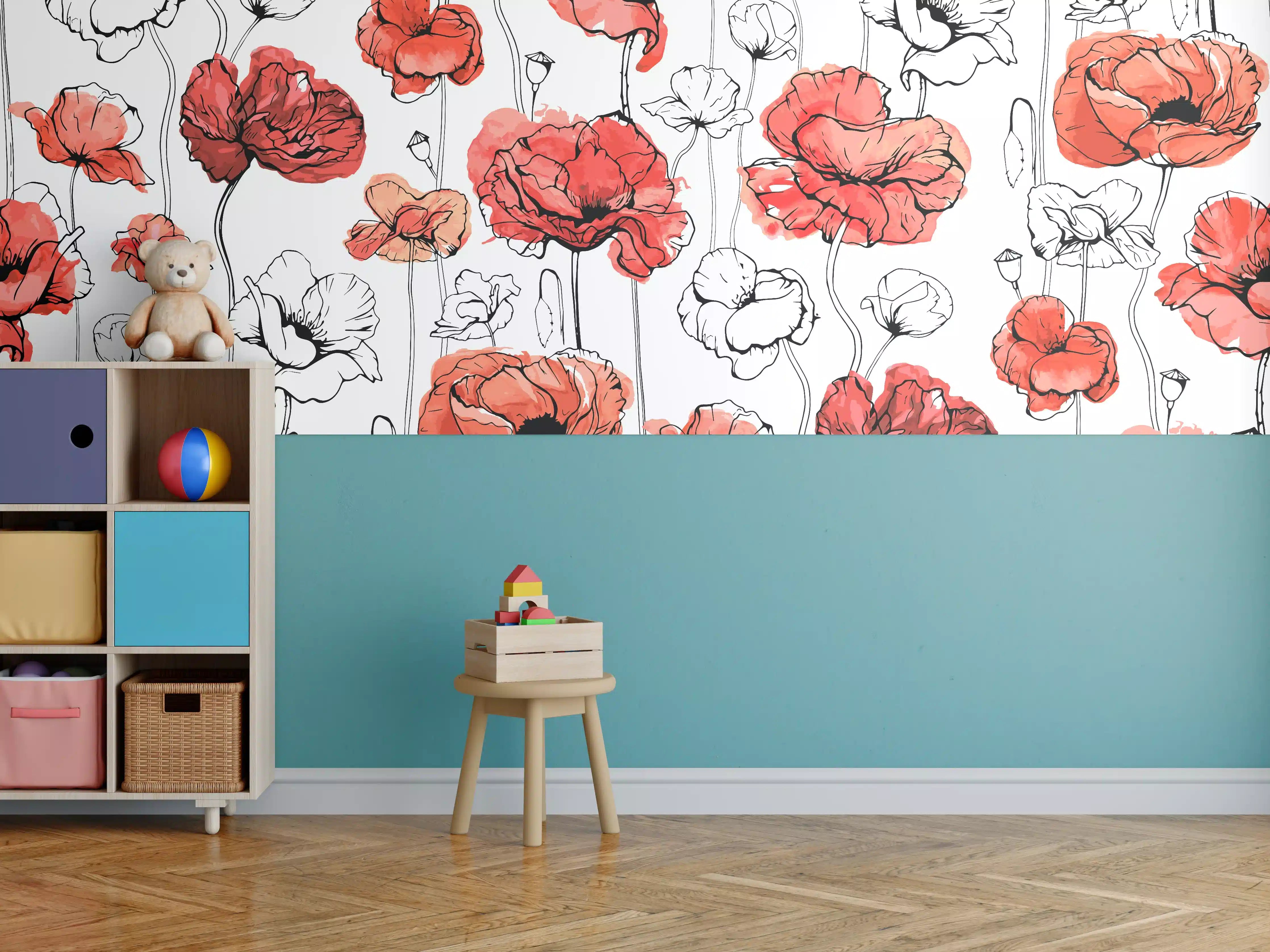 Kinderzimmer Wandgestaltung - Graue Mohnblüten auf hellem Grund