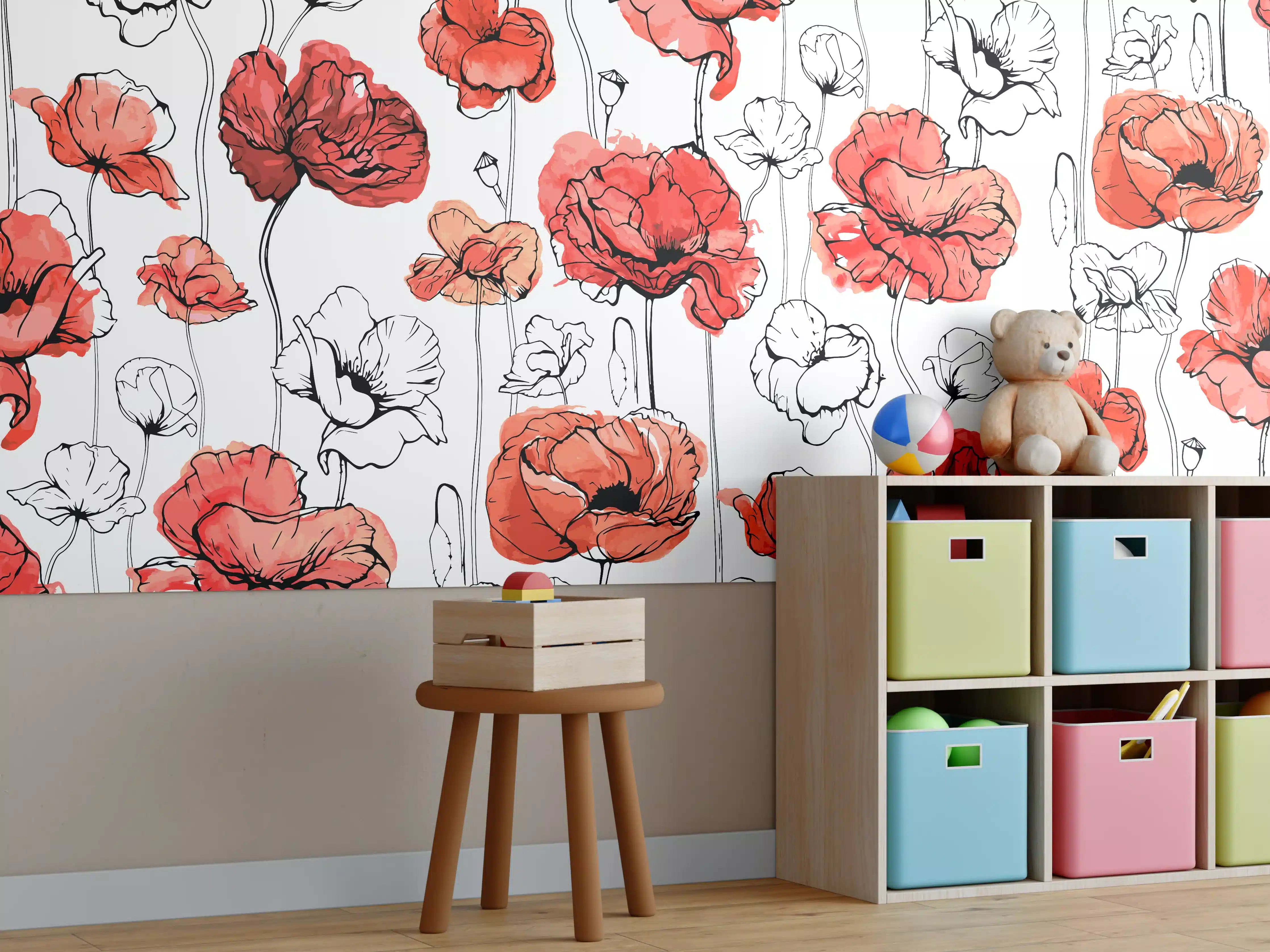 Kinderzimmer Wandgestaltung - Graue Mohnblüten auf hellem Grund