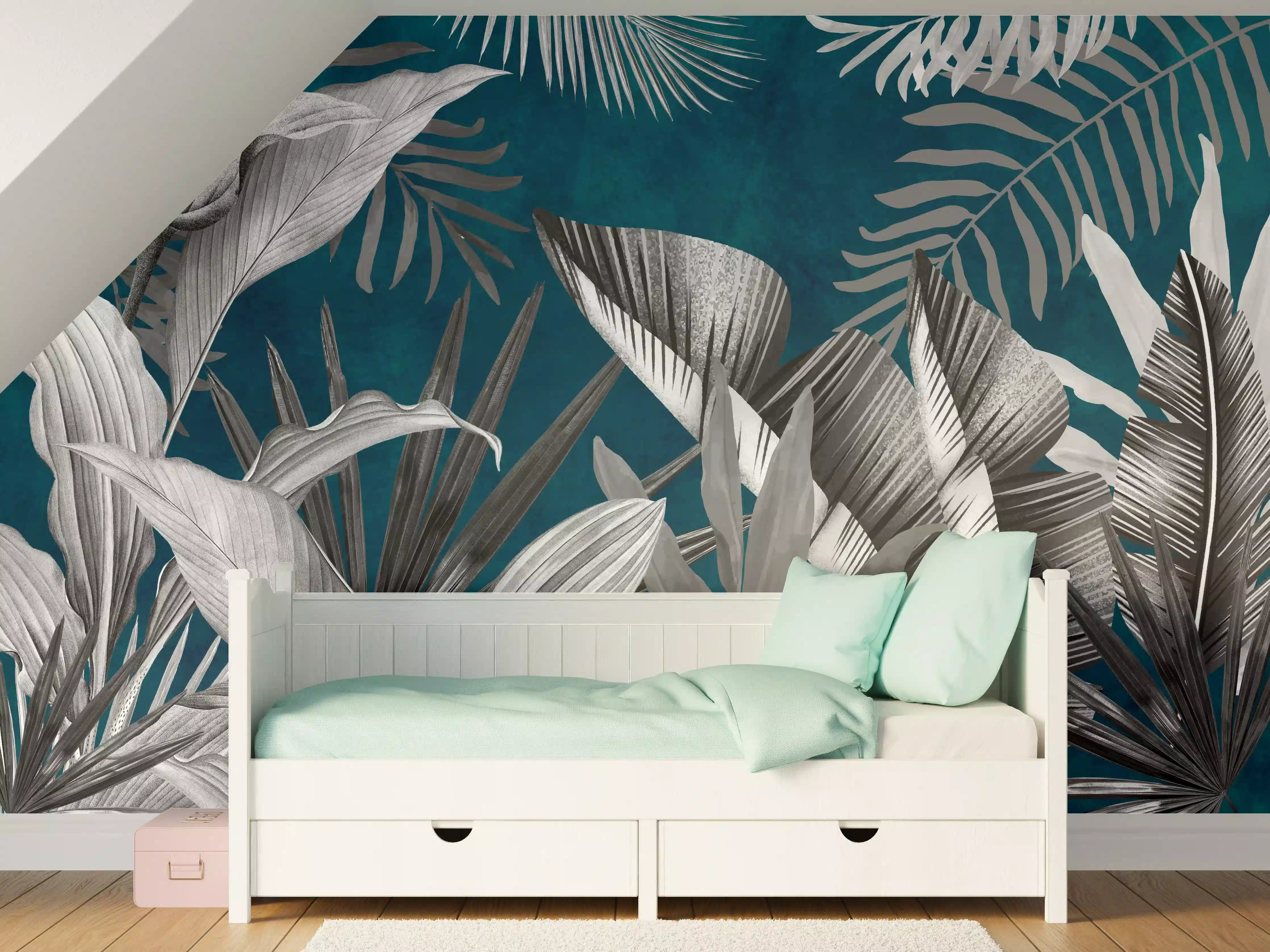 Kinderzimmer Wandgestaltung - Graue Pflanzen auf blauem Hintergrund