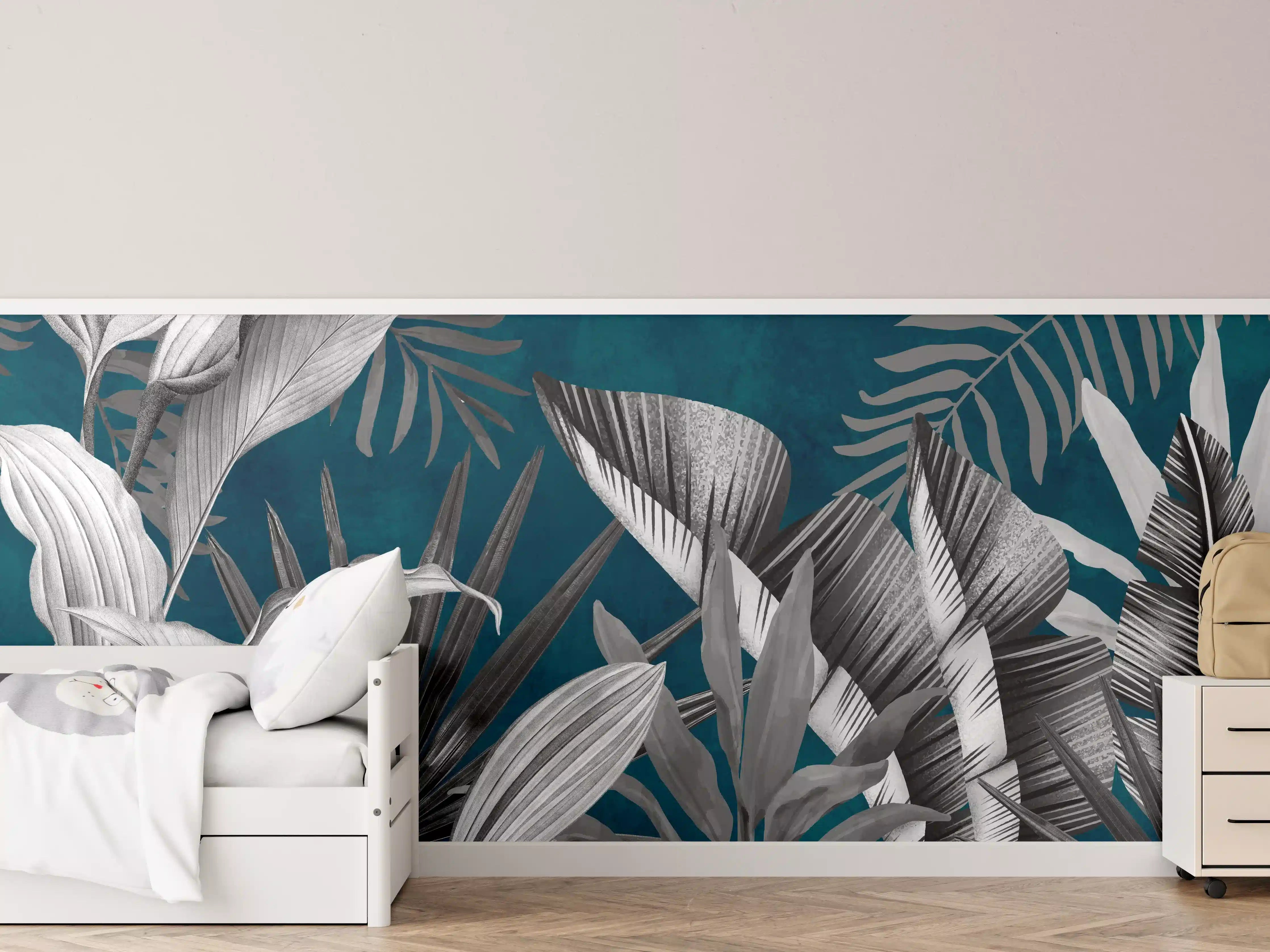 Kinderzimmer Wandgestaltung - Graue Pflanzen auf blauem Hintergrund