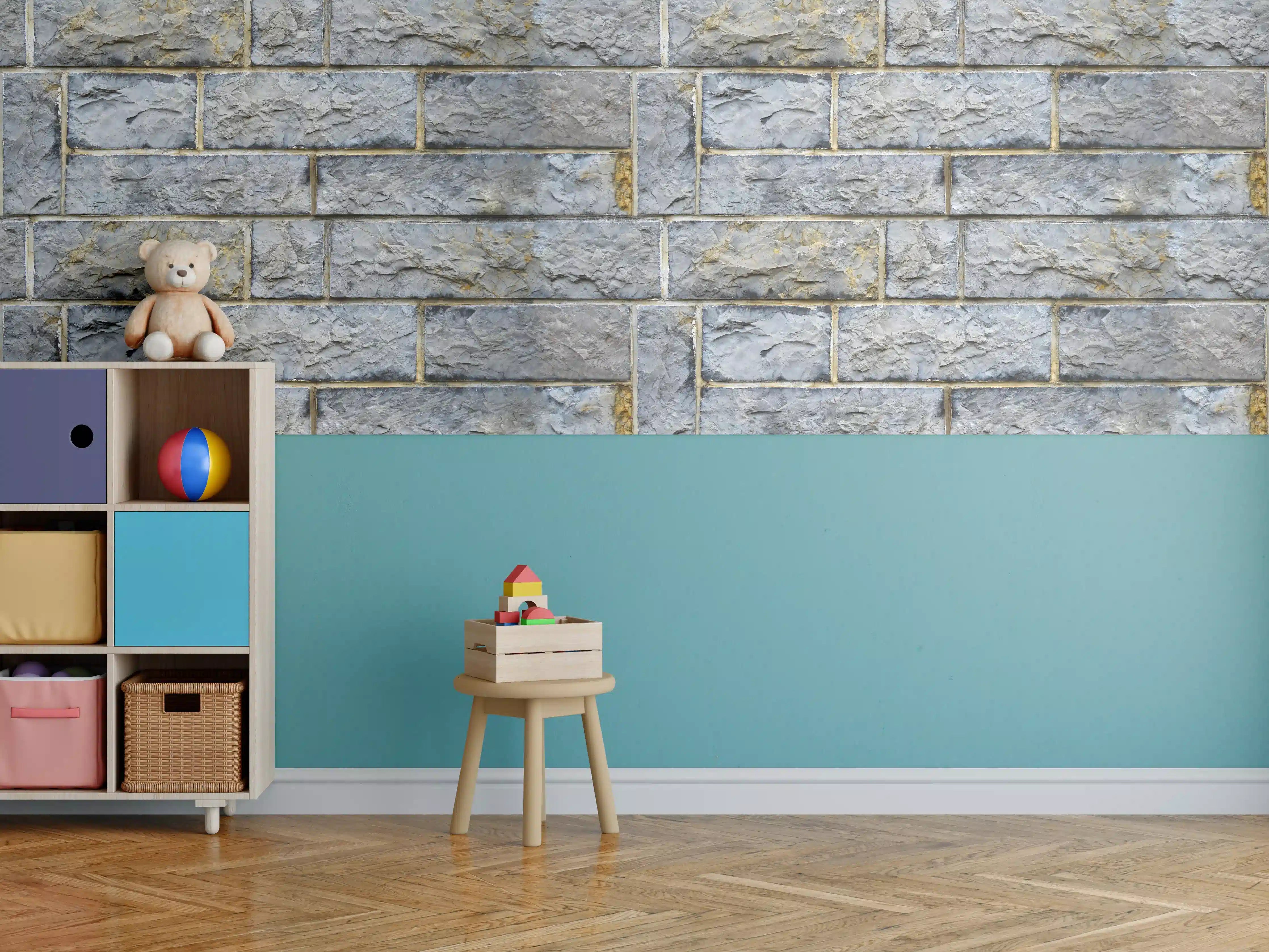 Kinderzimmer Wandgestaltung - Graue Schnittsteinmauer