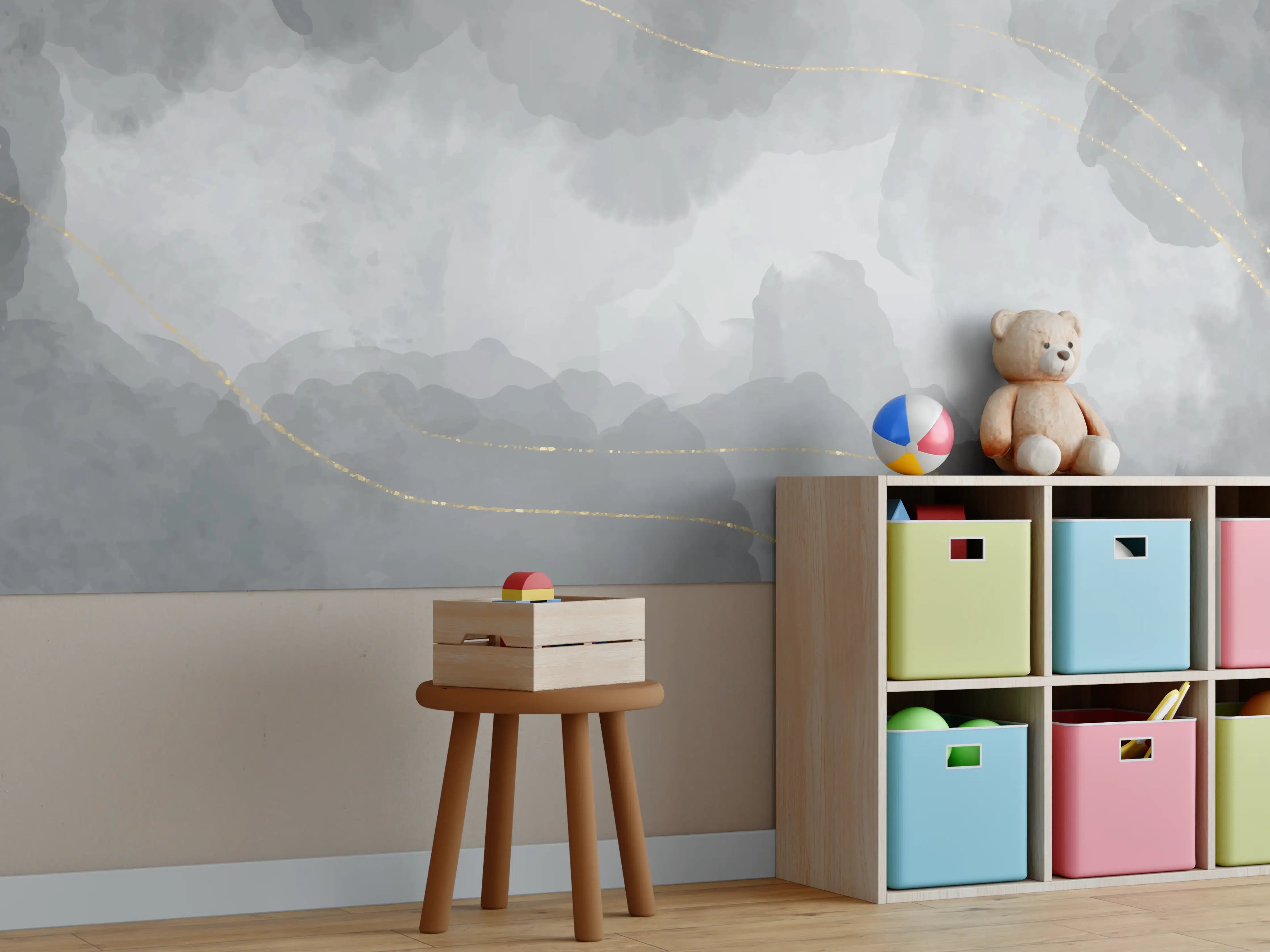 Kinderzimmer Wandgestaltung - Graue Wasserfarben-Textur mit goldenen Akzenten