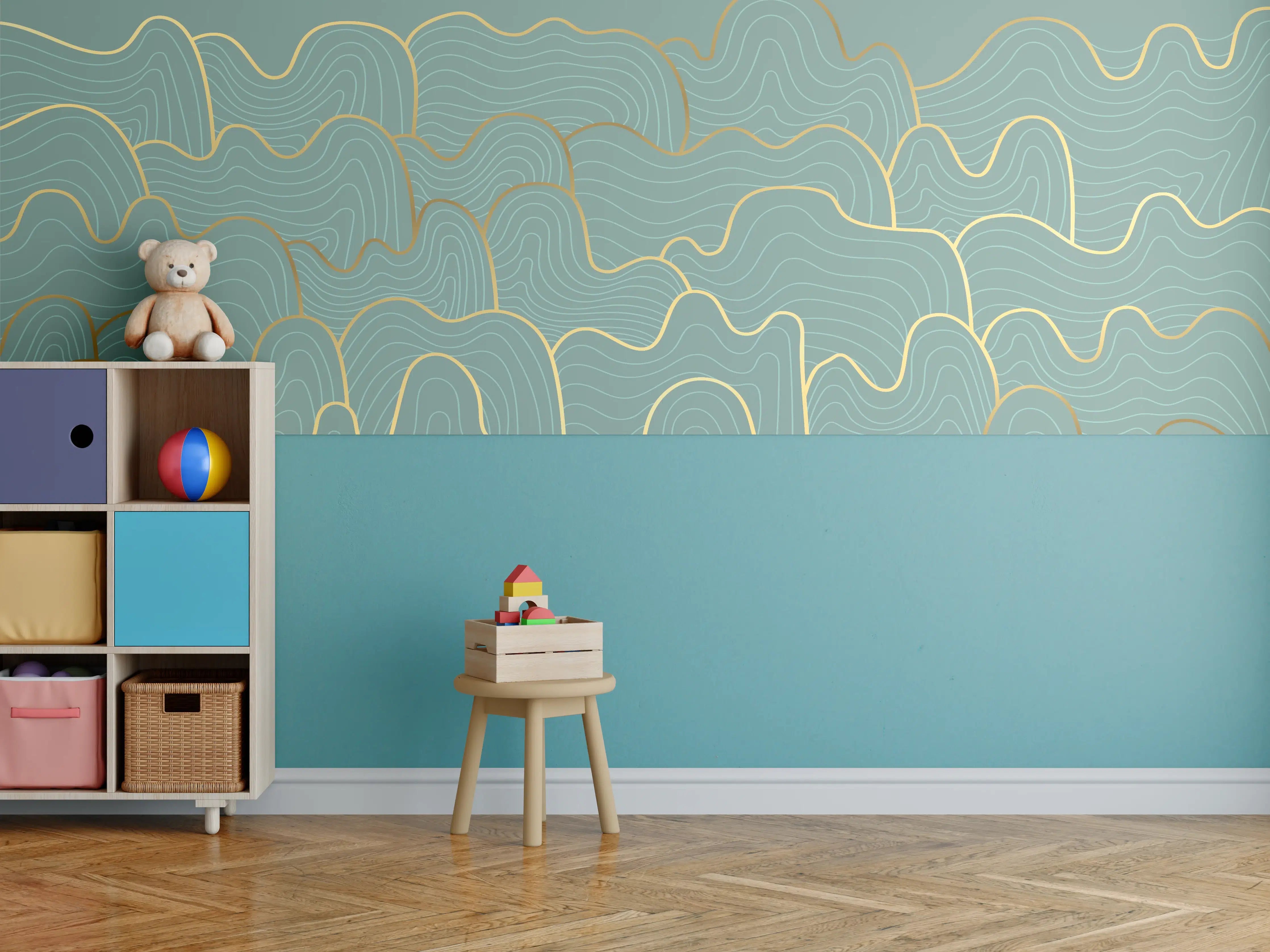 Kinderzimmer Wandgestaltung - Graue Wellenlinien mit Goldakzent