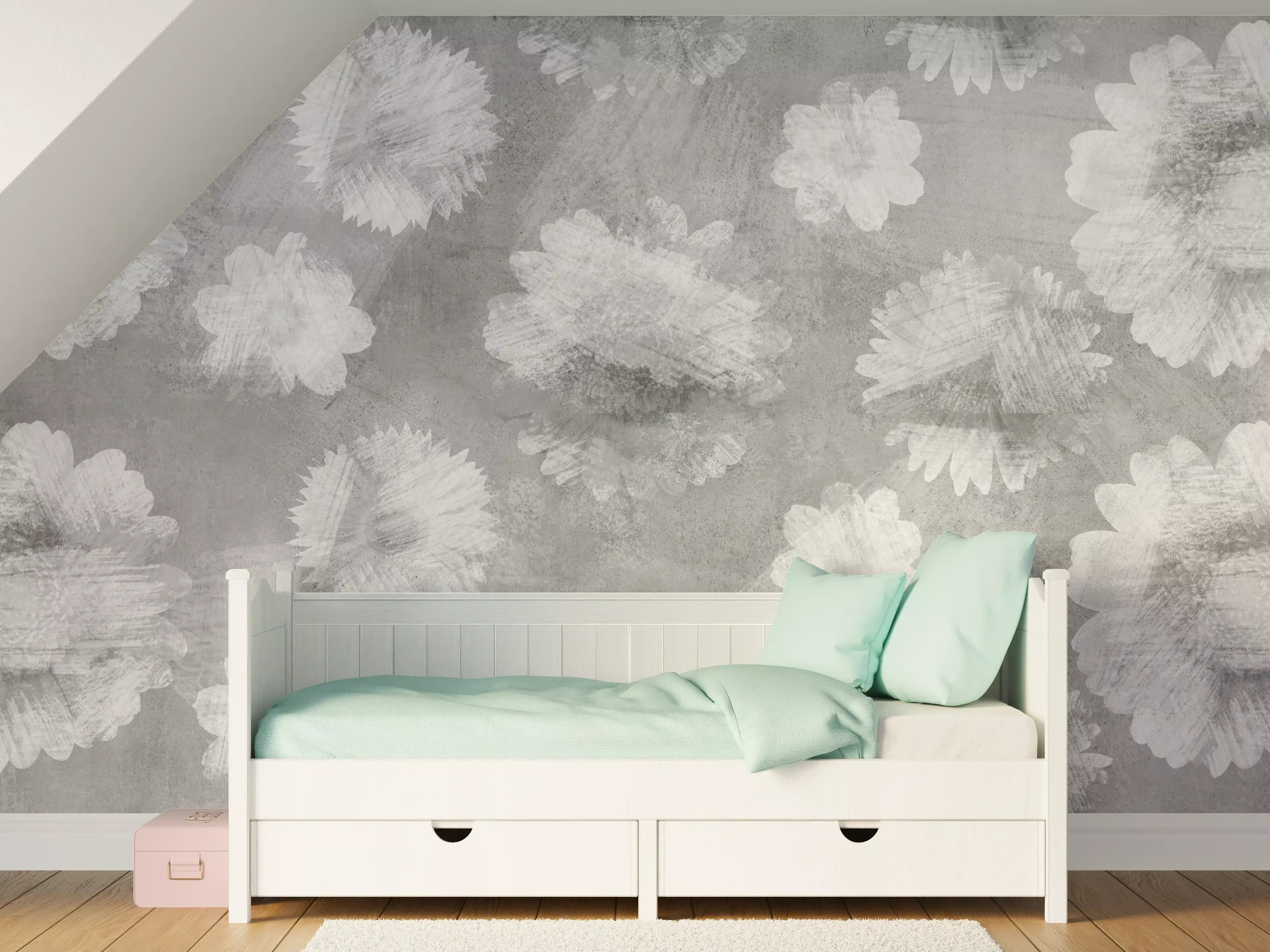 Kinderzimmer Wandgestaltung - Graue Zement Wand mit weißem Blumenmuster