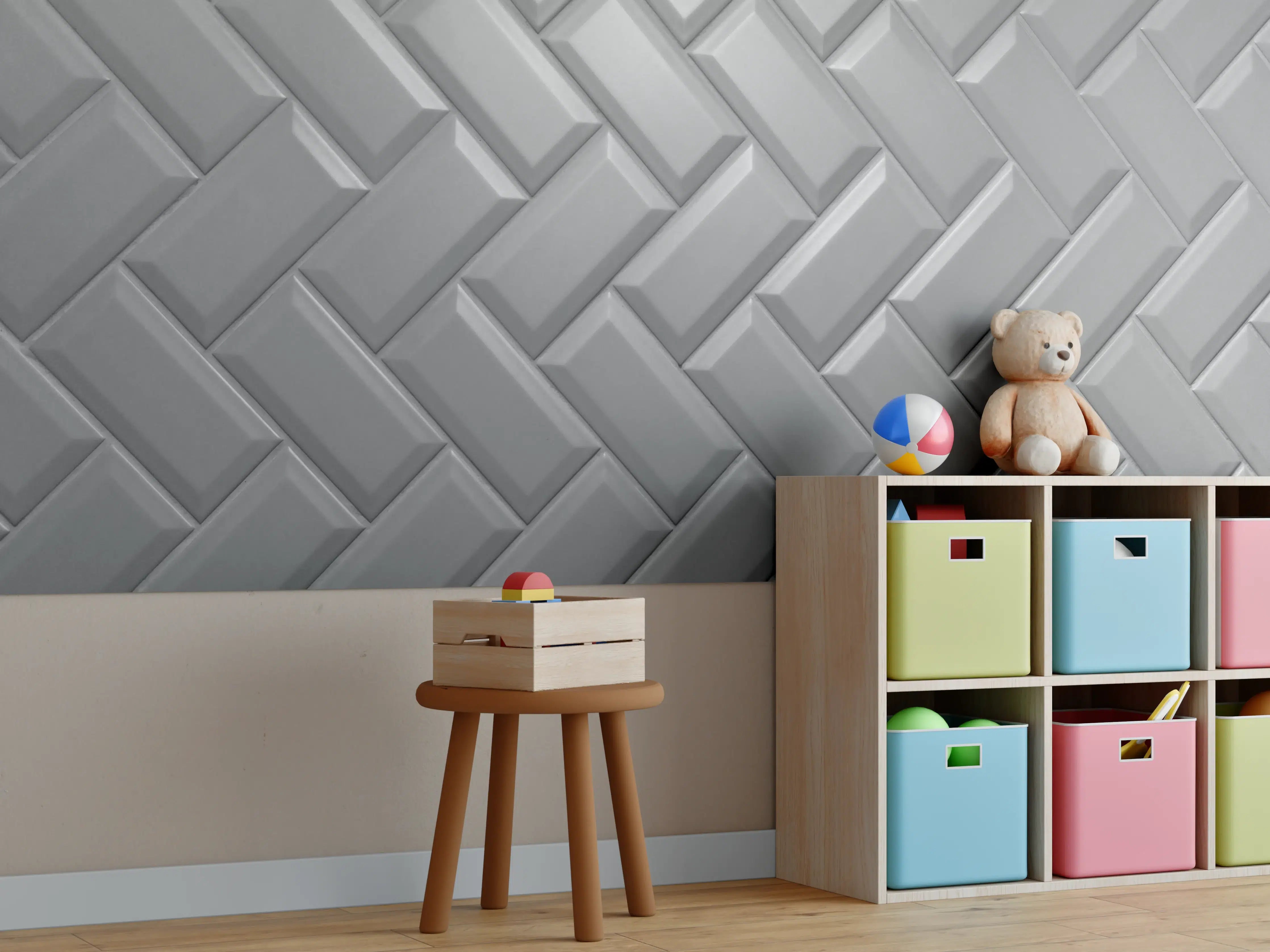 Kinderzimmer Wandgestaltung - Graue matte Keramikfliesen