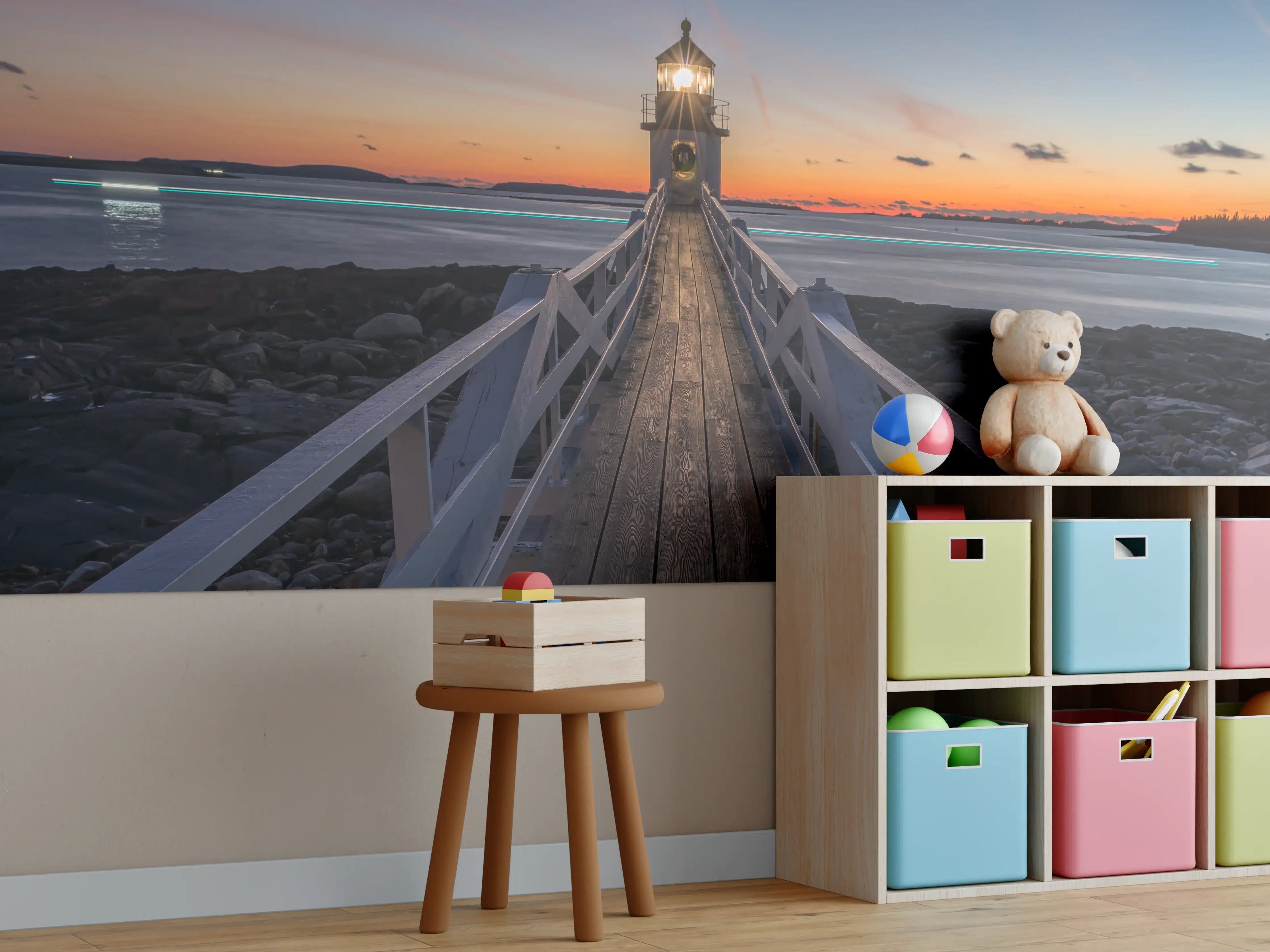 Kinderzimmer Wandgestaltung - Grauer Leuchtturm im Abendlicht