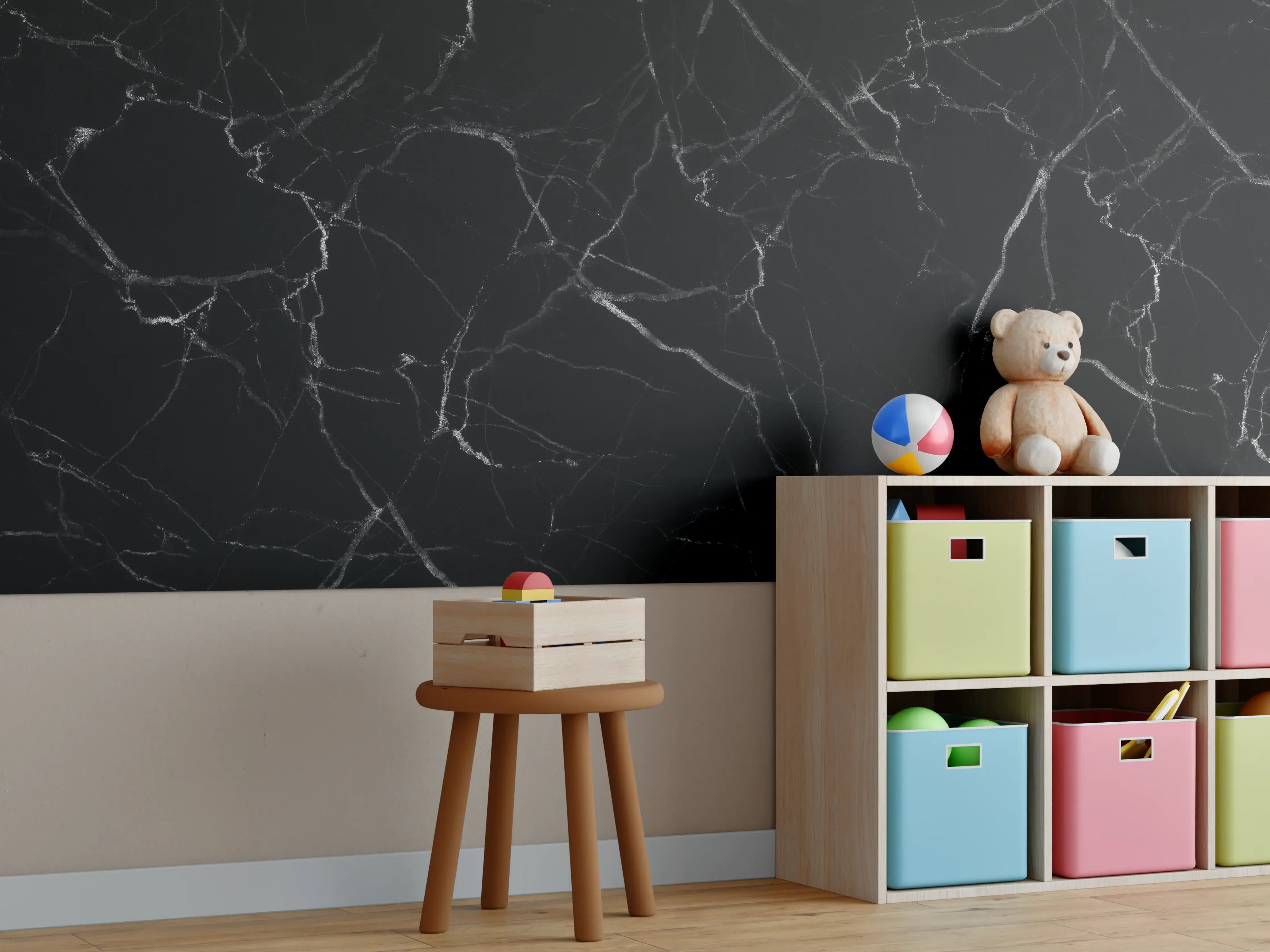 Kinderzimmer Wandgestaltung - Grauer Marmor-Style mit weißen Adern