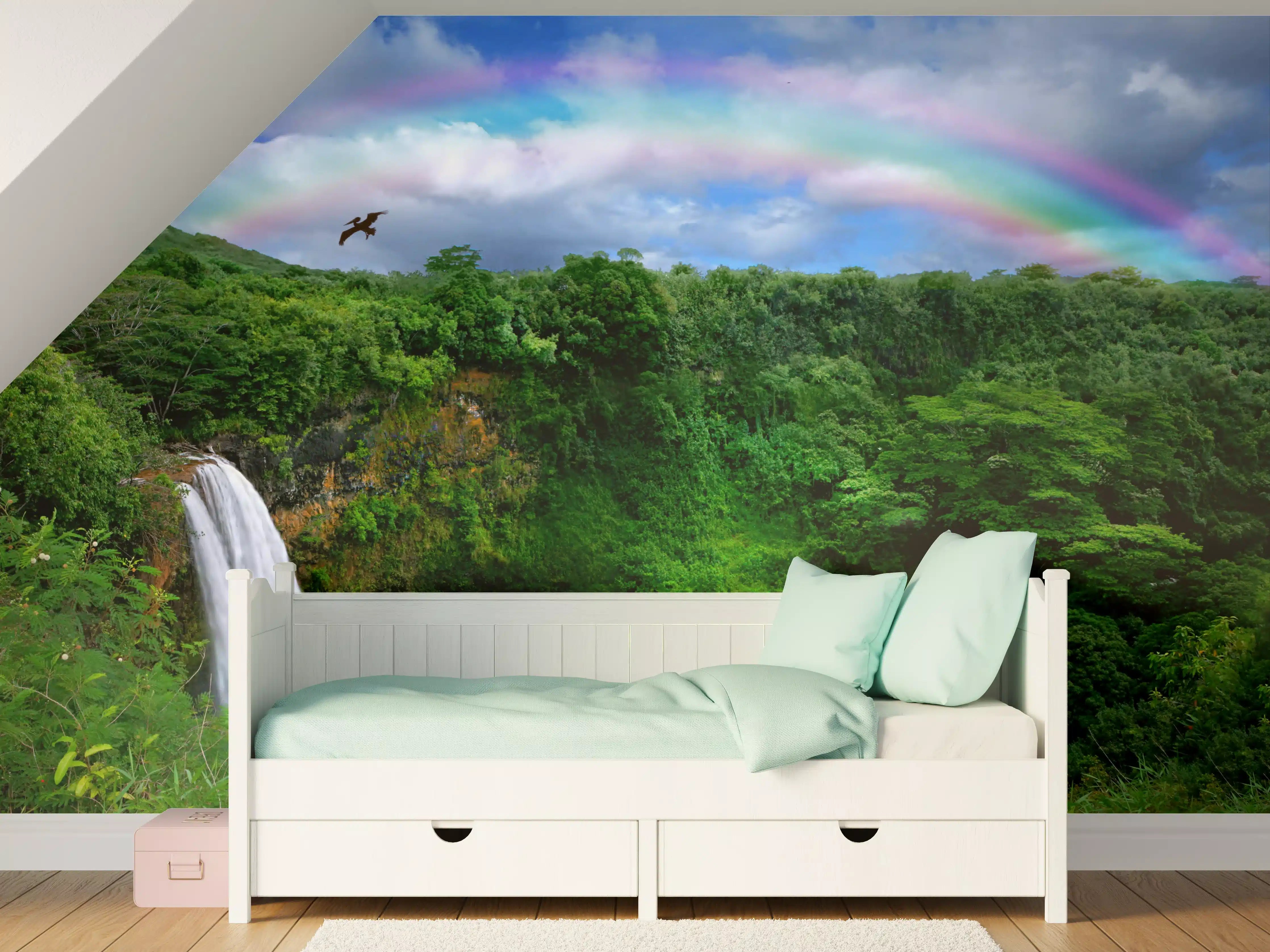 Kinderzimmer Wandgestaltung - Graues Paradies mit Wasserfall und Regenbogen