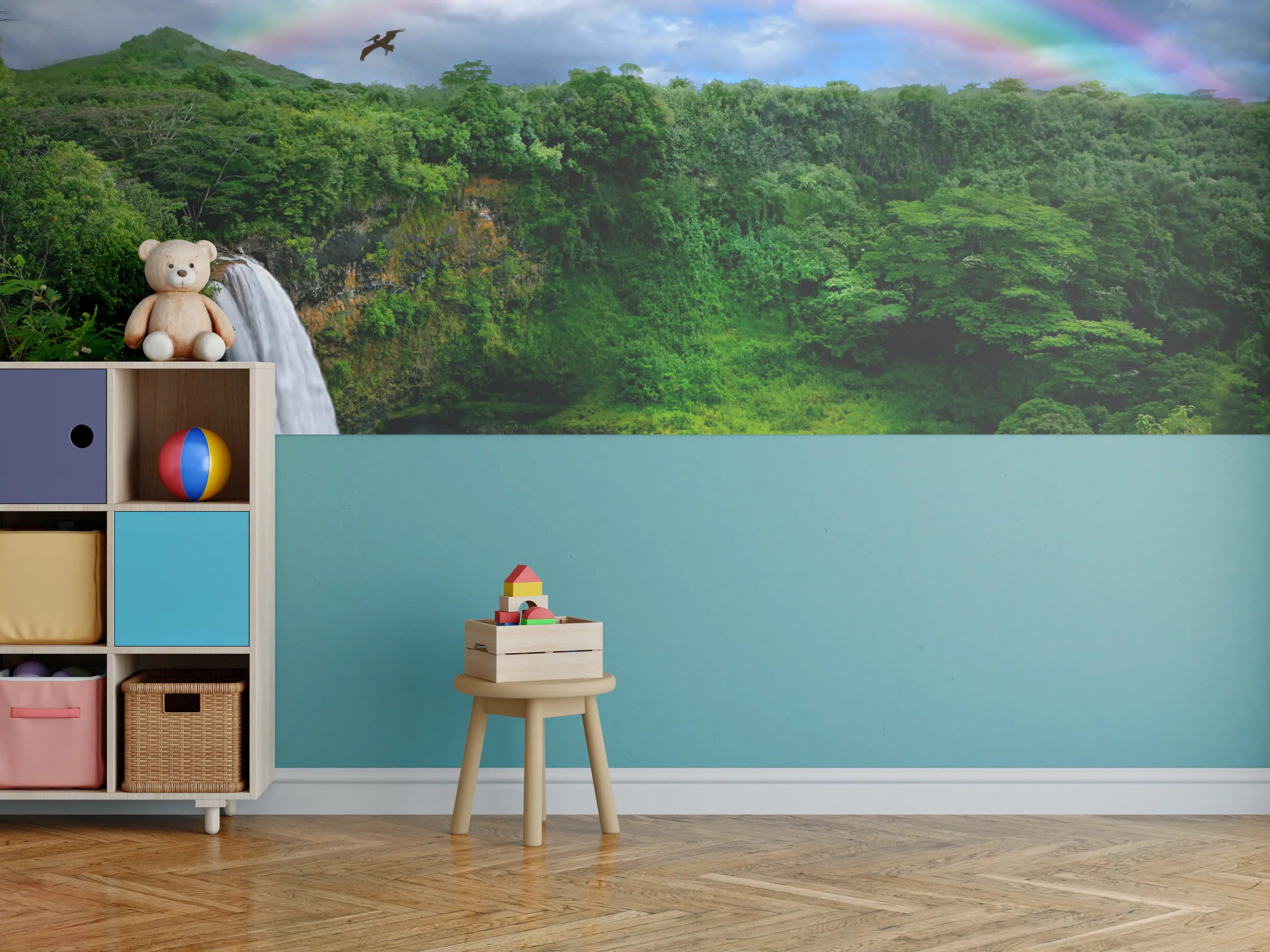Kinderzimmer Wandgestaltung - Graues Paradies mit Wasserfall und Regenbogen