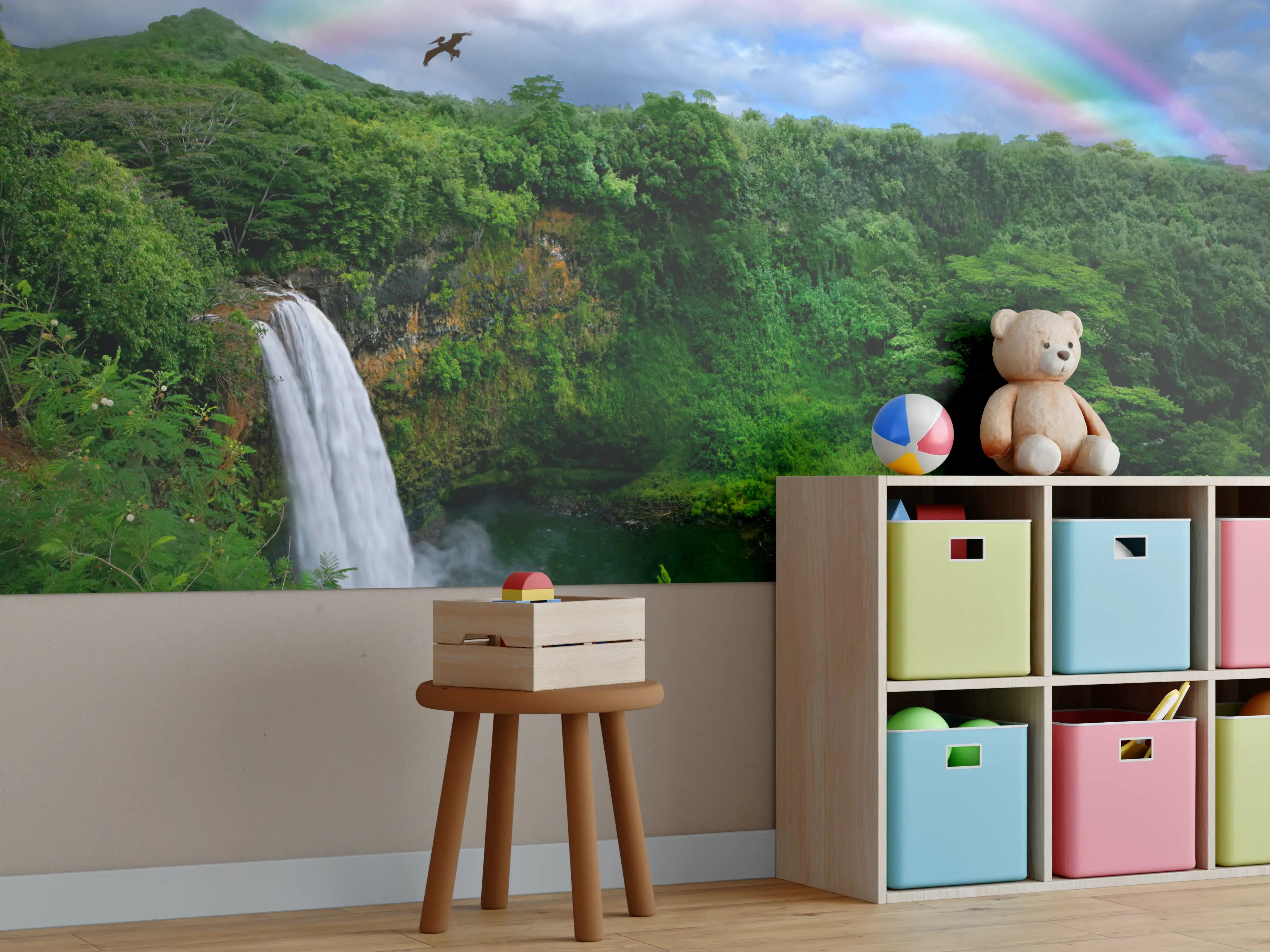 Kinderzimmer Wandgestaltung - Graues Paradies mit Wasserfall und Regenbogen