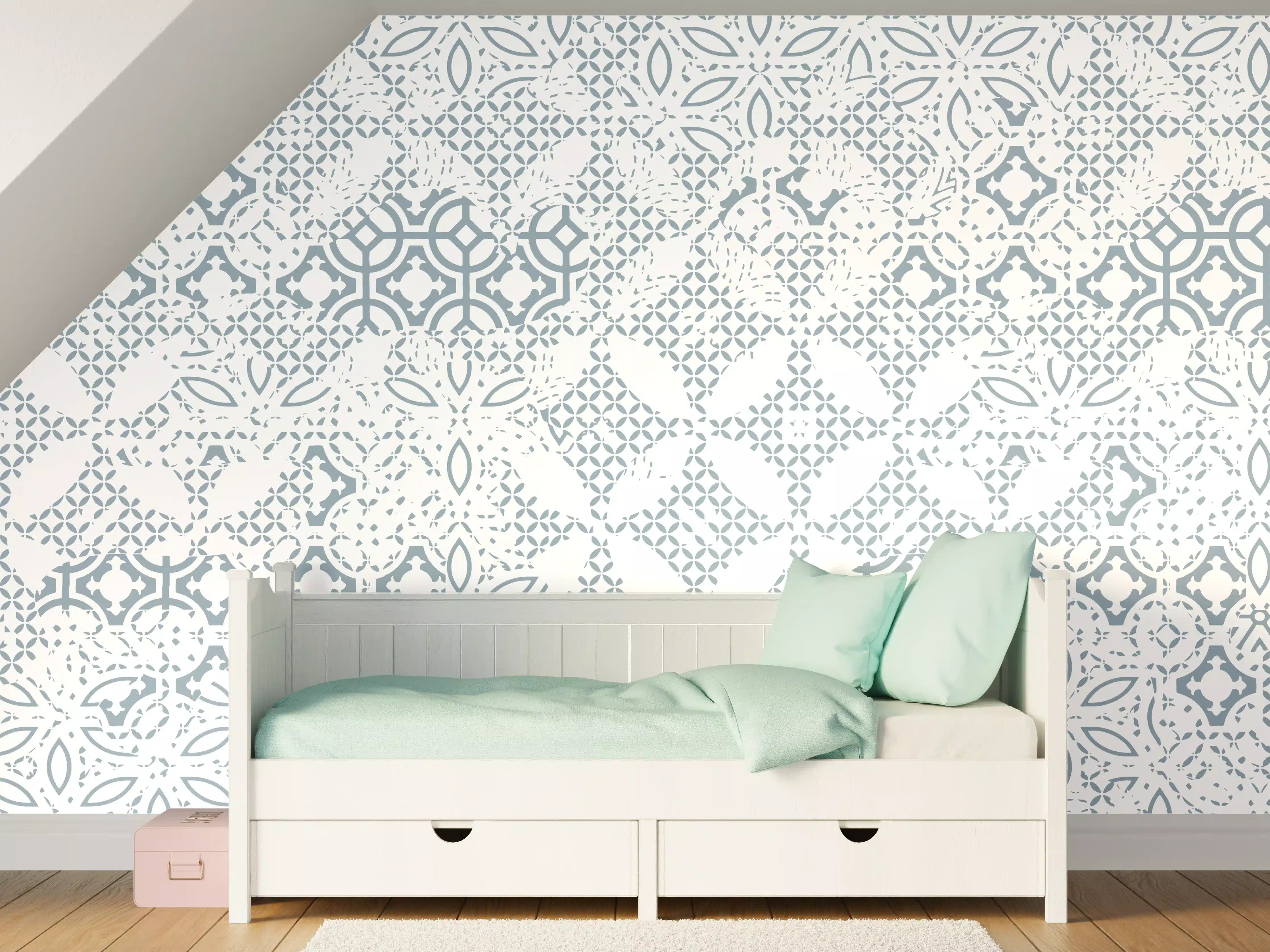 Kinderzimmer Wandgestaltung - Graues, geometrisches Muster in Blau