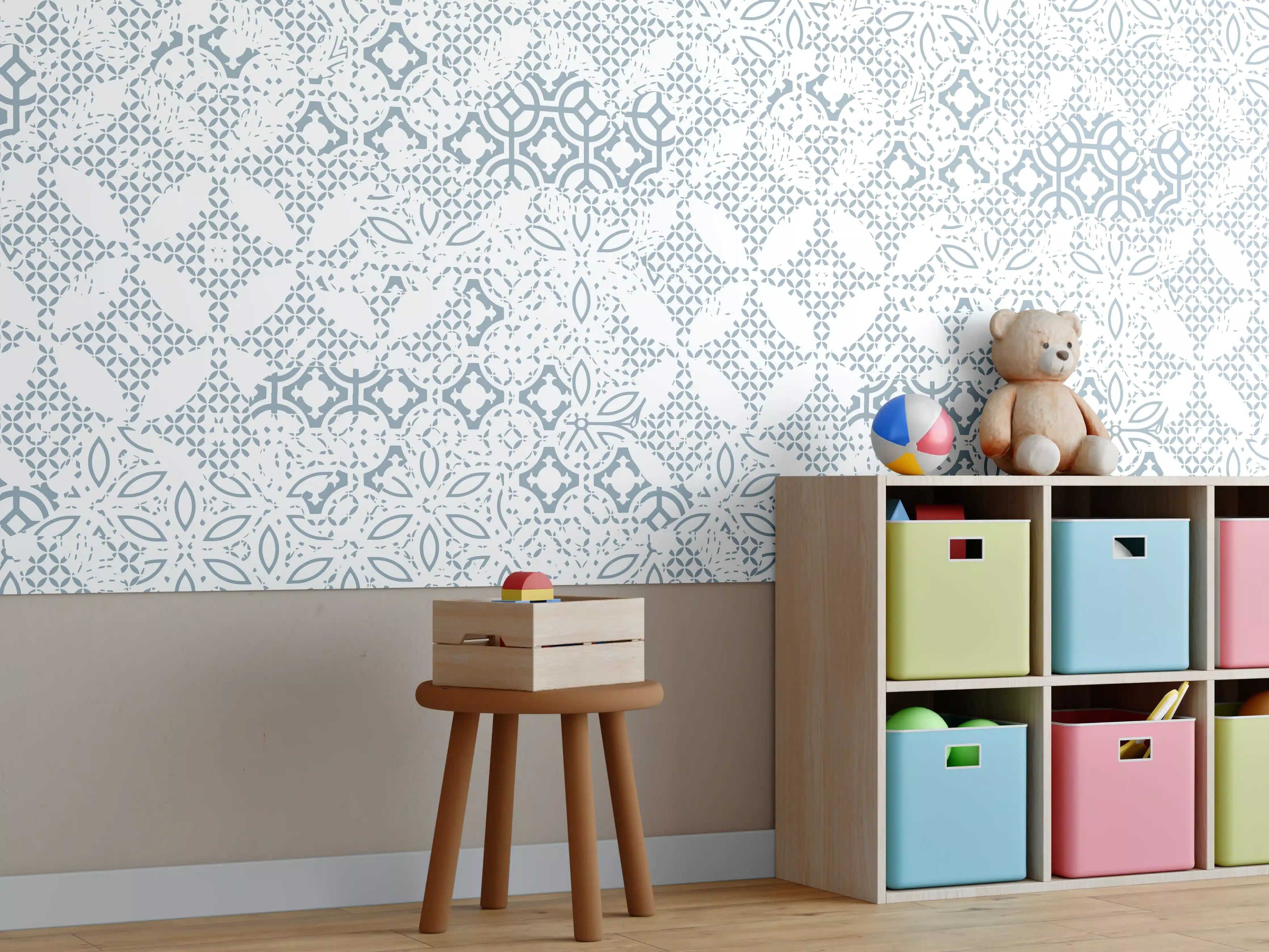 Kinderzimmer Wandgestaltung - Graues, geometrisches Muster in Blau