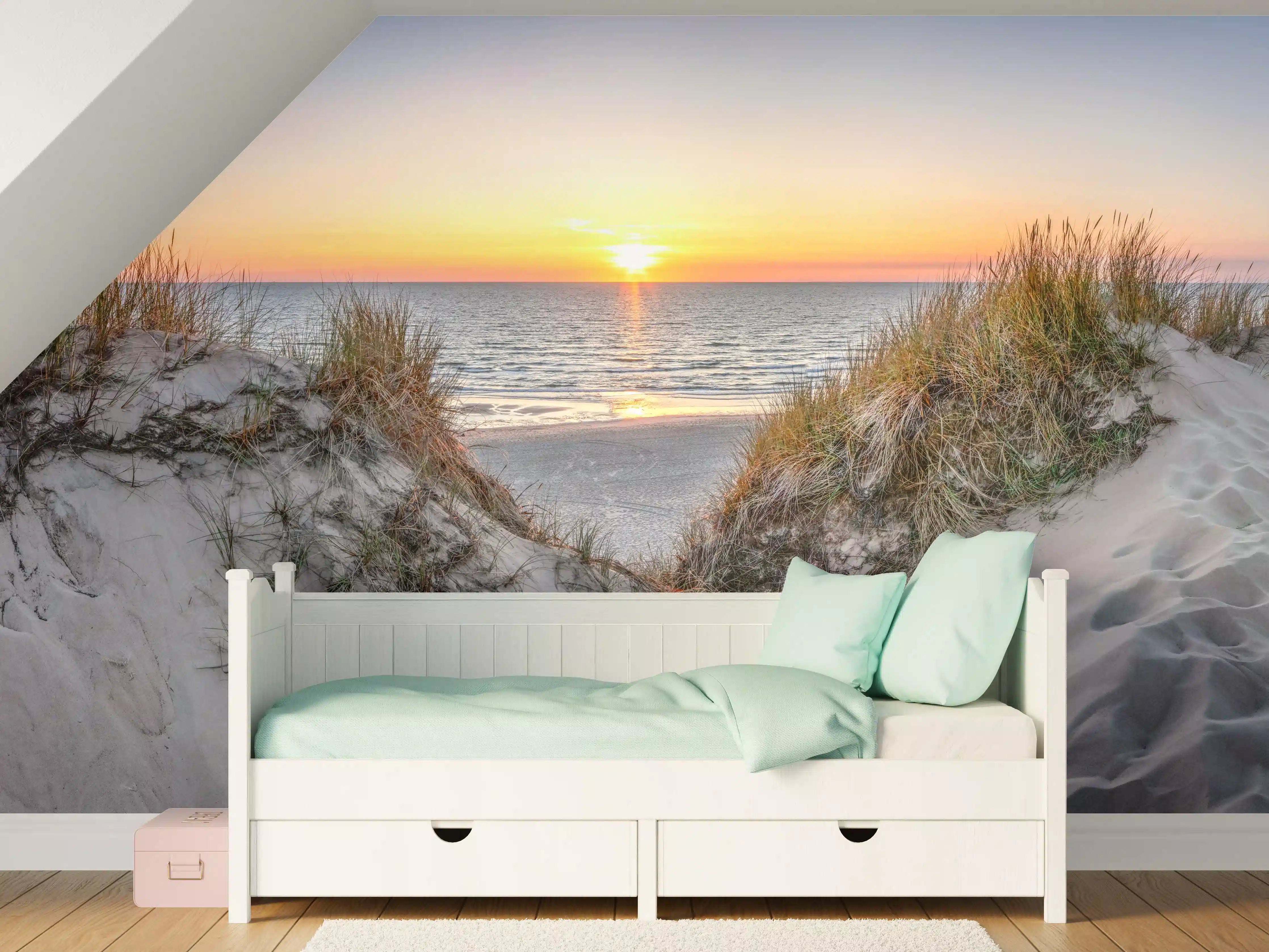 Kinderzimmer Wandgestaltung - Grauweißer Sonnenuntergang am Strand