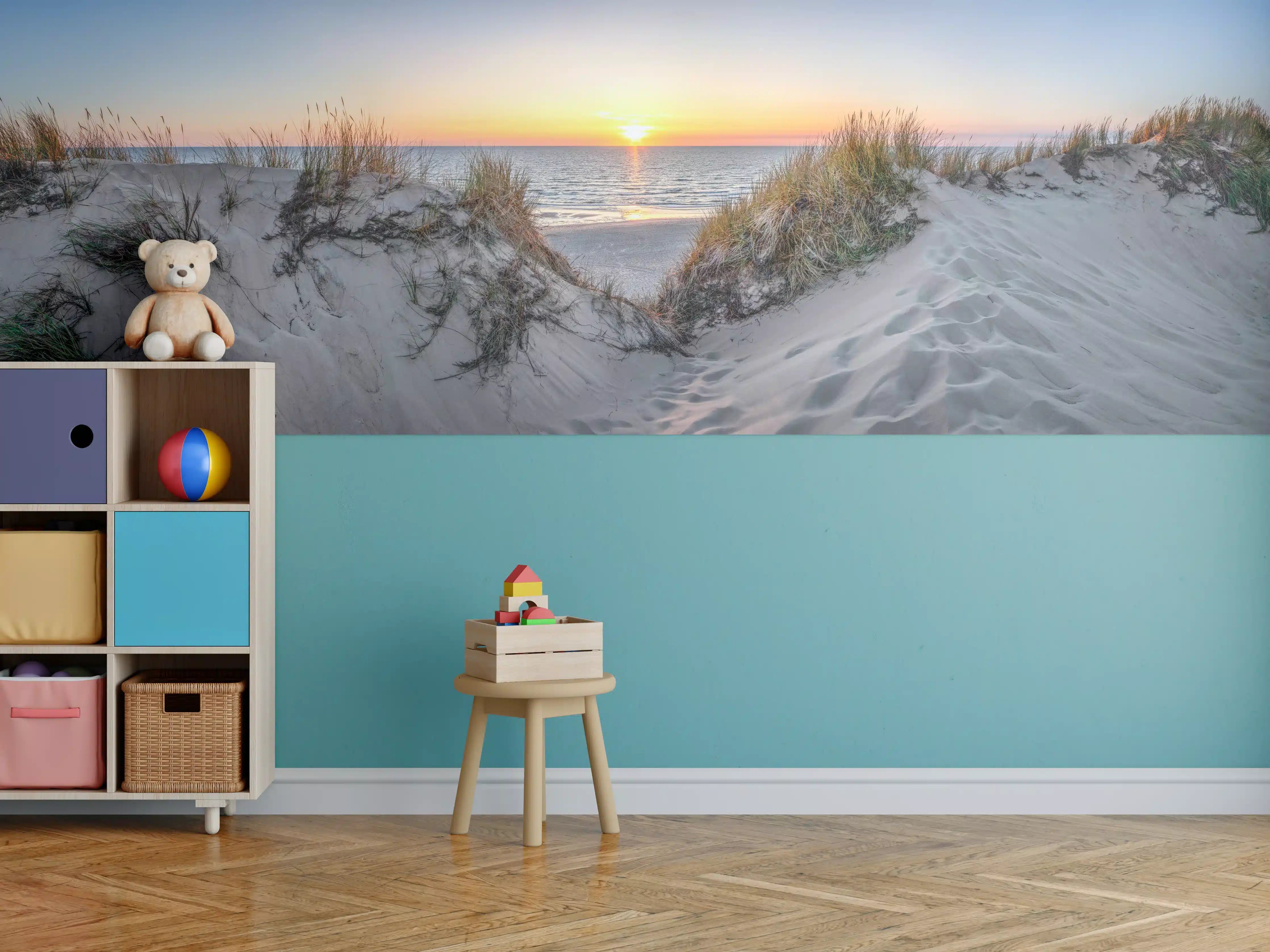 Kinderzimmer Wandgestaltung - Grauweißer Sonnenuntergang am Strand