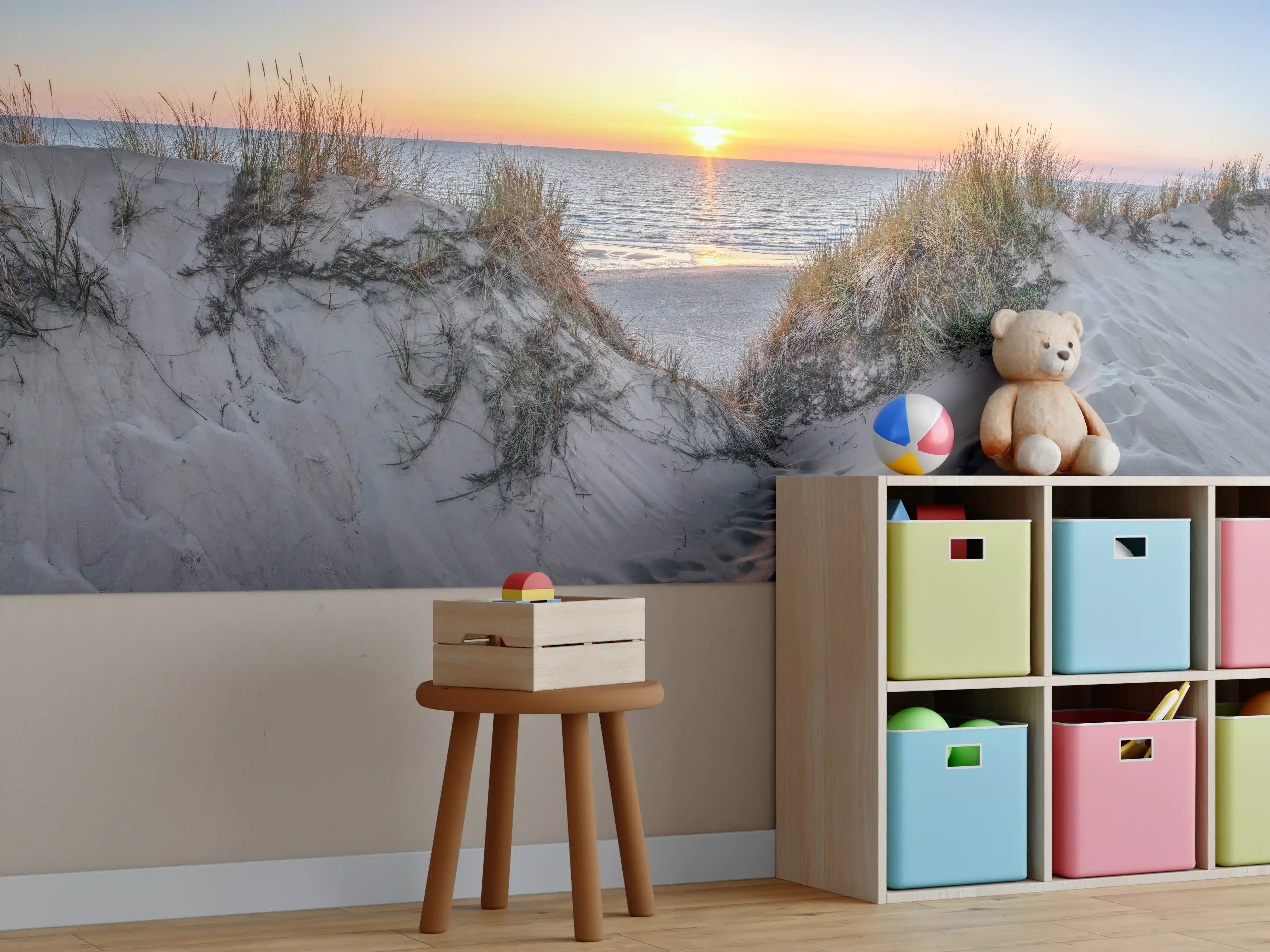 Kinderzimmer Wandgestaltung - Grauweißer Sonnenuntergang am Strand