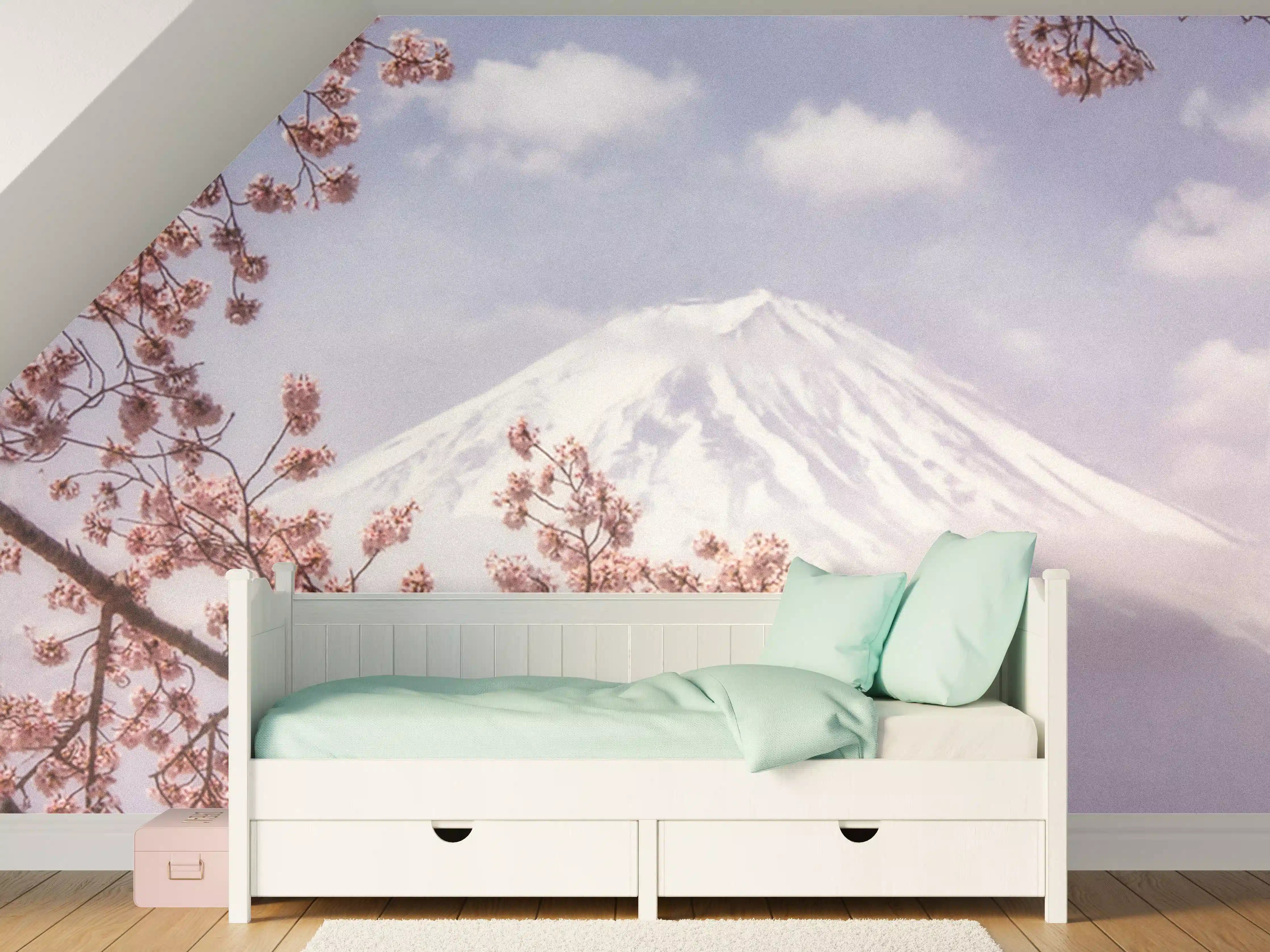 Kinderzimmer Wandgestaltung - Großer Berg hinter Kirchblüten - Japan