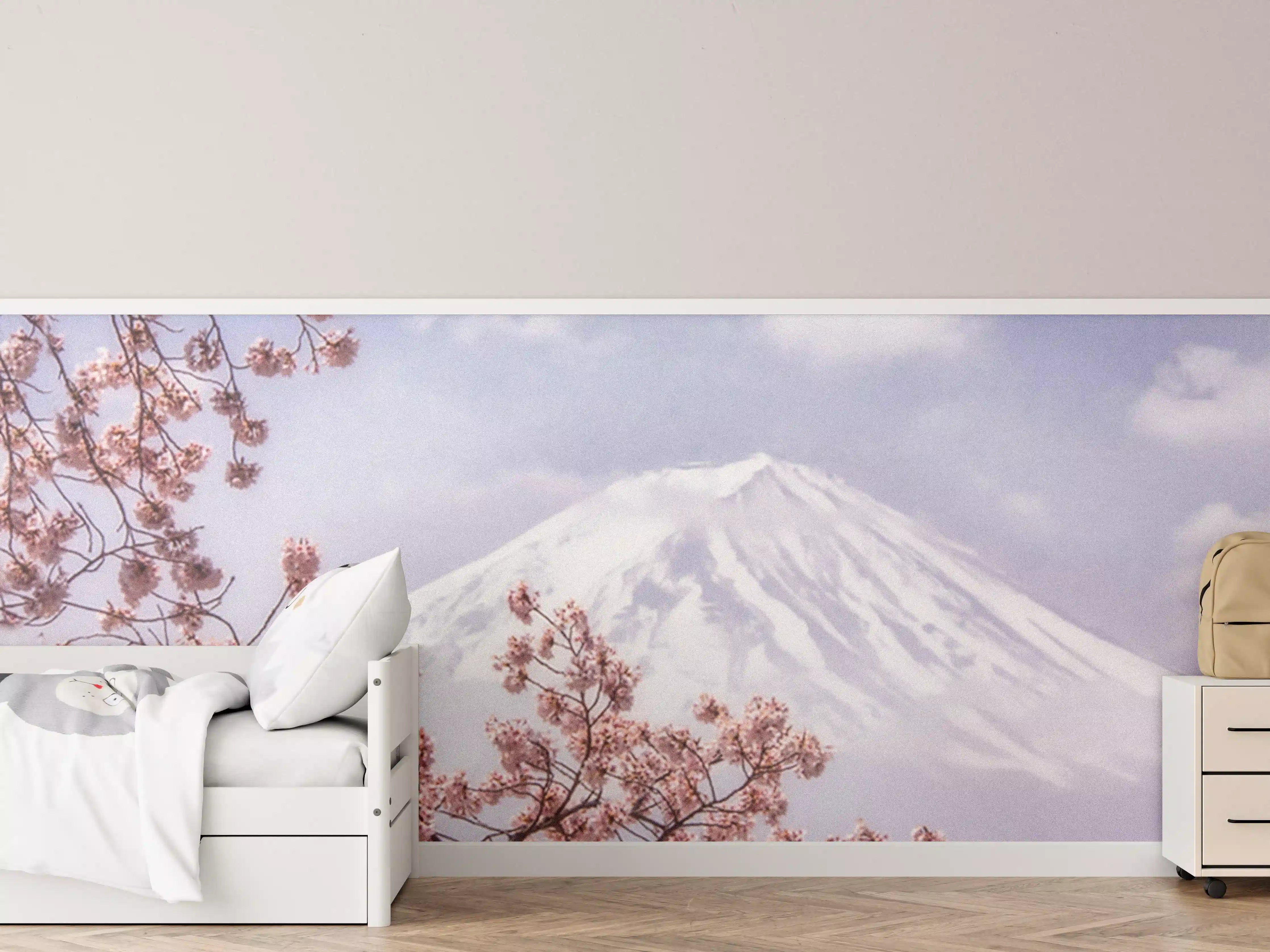 Kinderzimmer Wandgestaltung - Großer Berg hinter Kirchblüten - Japan