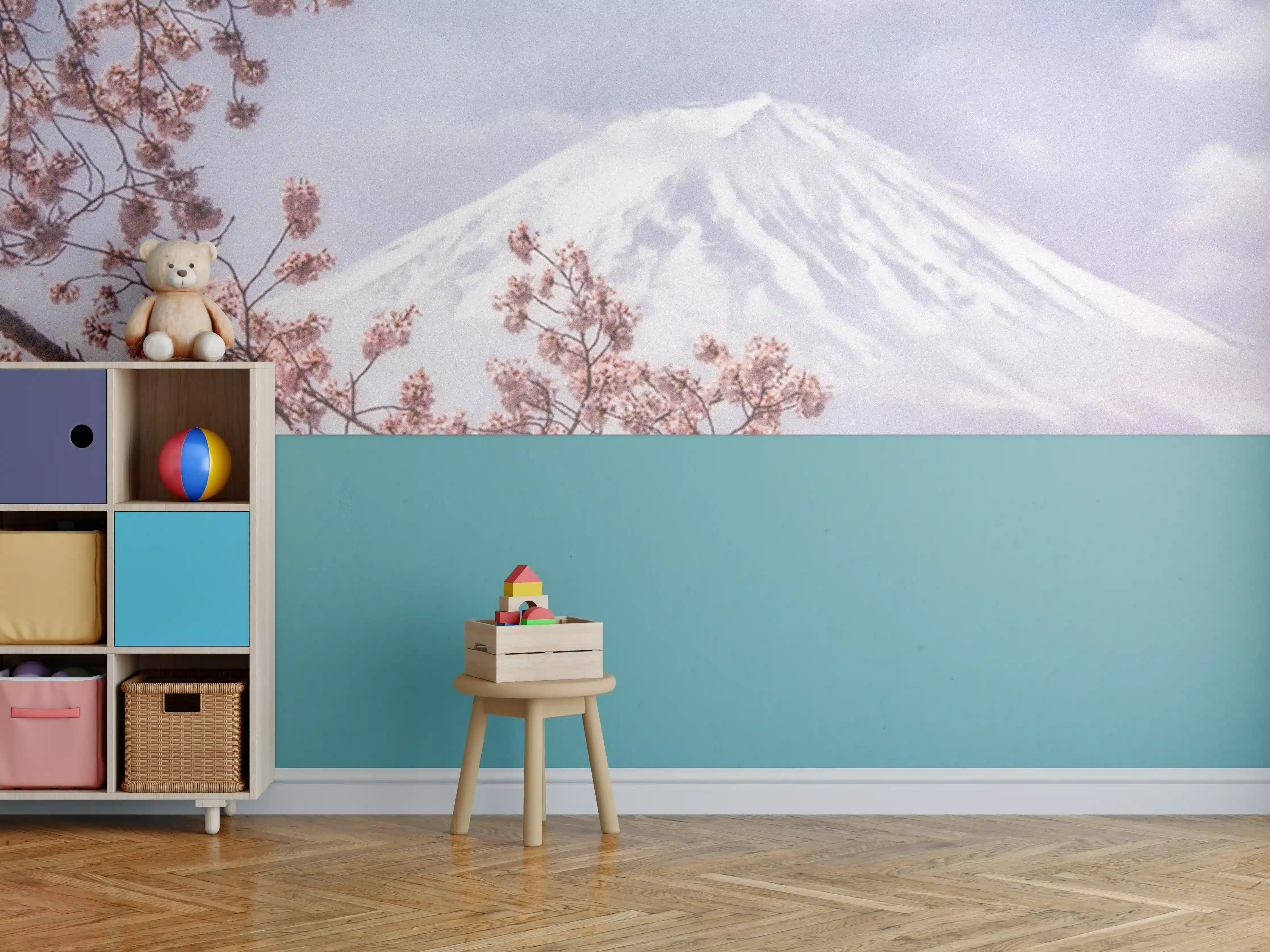 Kinderzimmer Wandgestaltung - Großer Berg hinter Kirchblüten - Japan