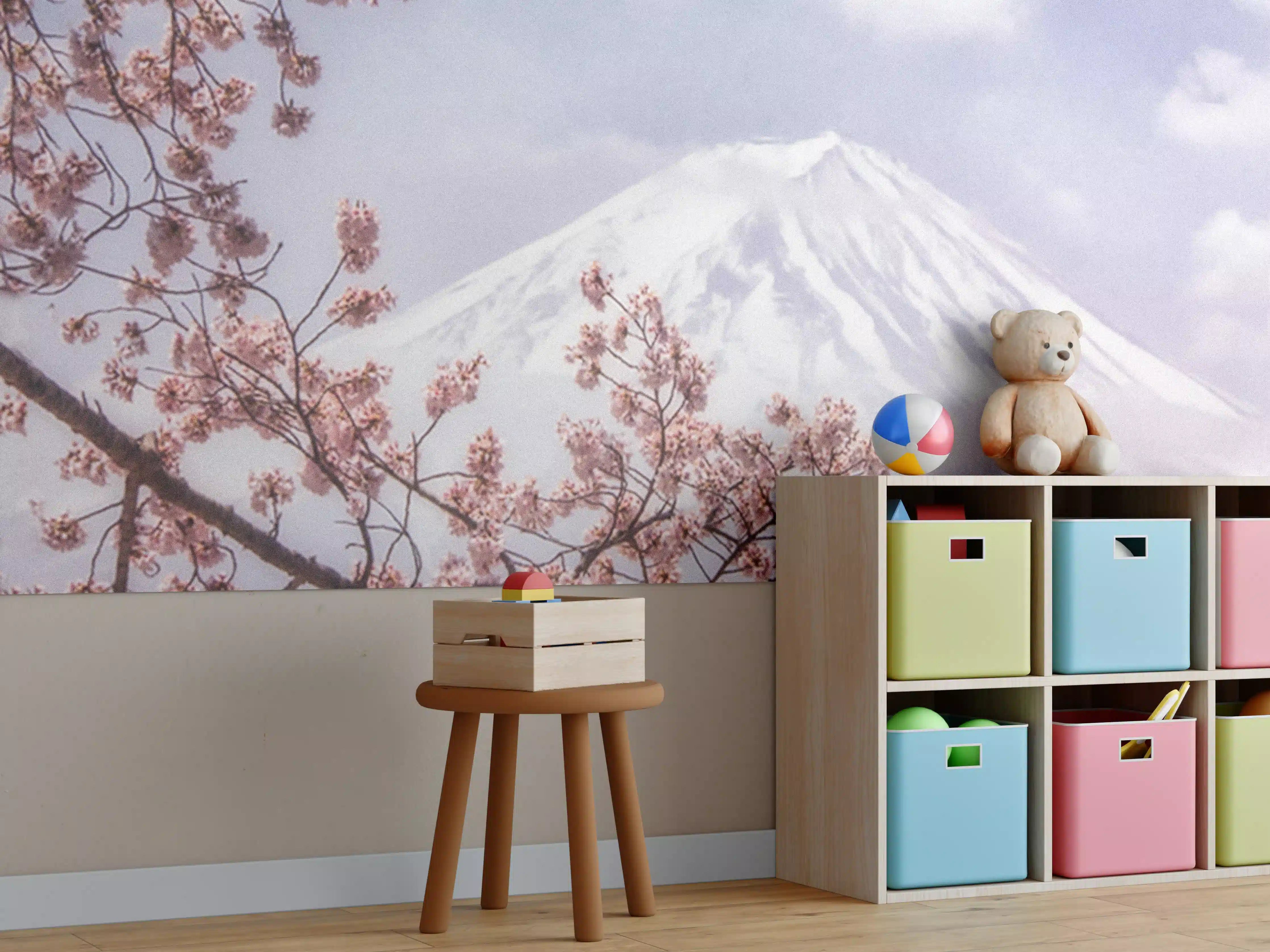 Kinderzimmer Wandgestaltung - Großer Berg hinter Kirchblüten - Japan