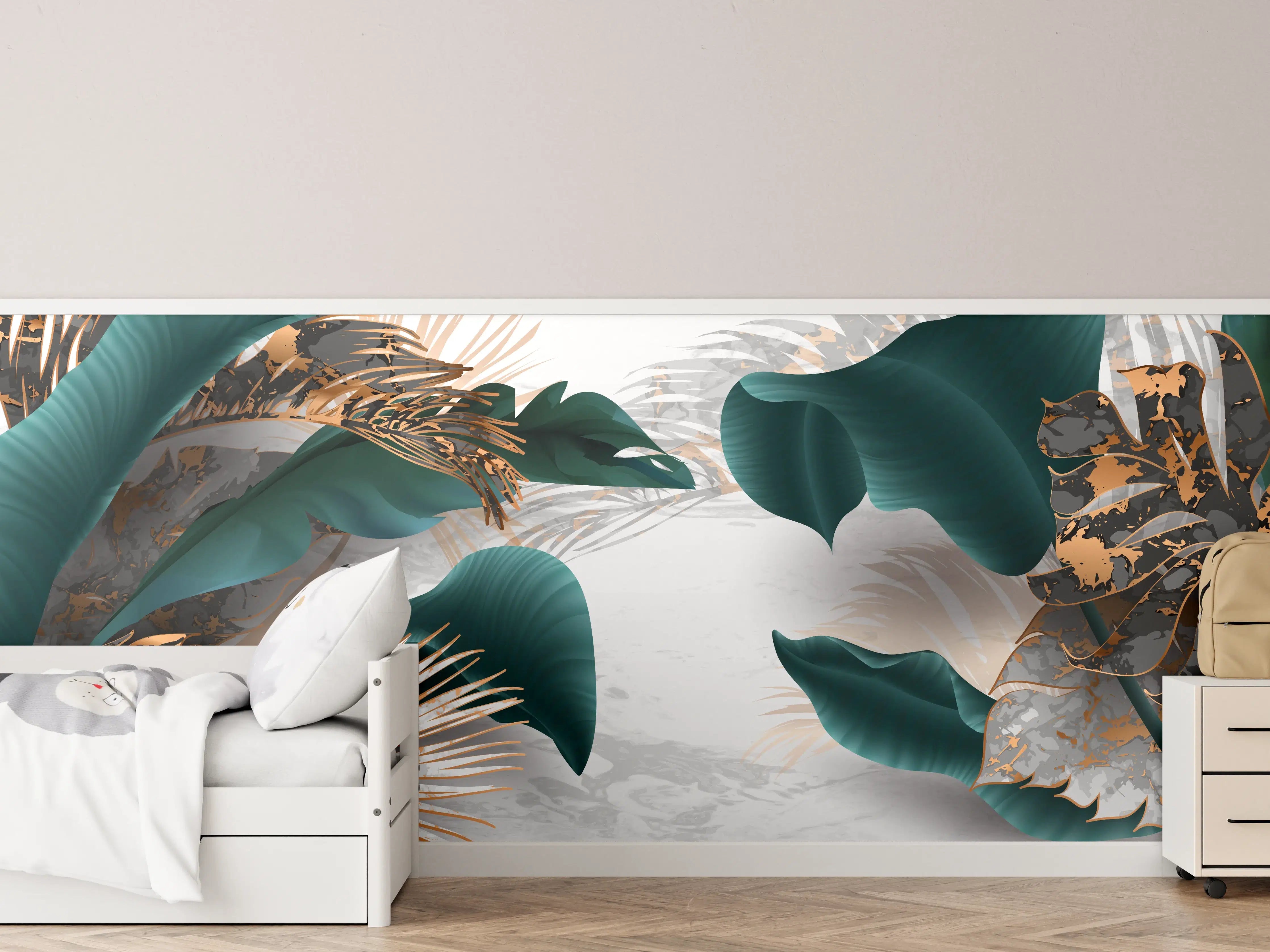 Kinderzimmer Wandgestaltung - Grün-Goldene Pflanzenmusterung