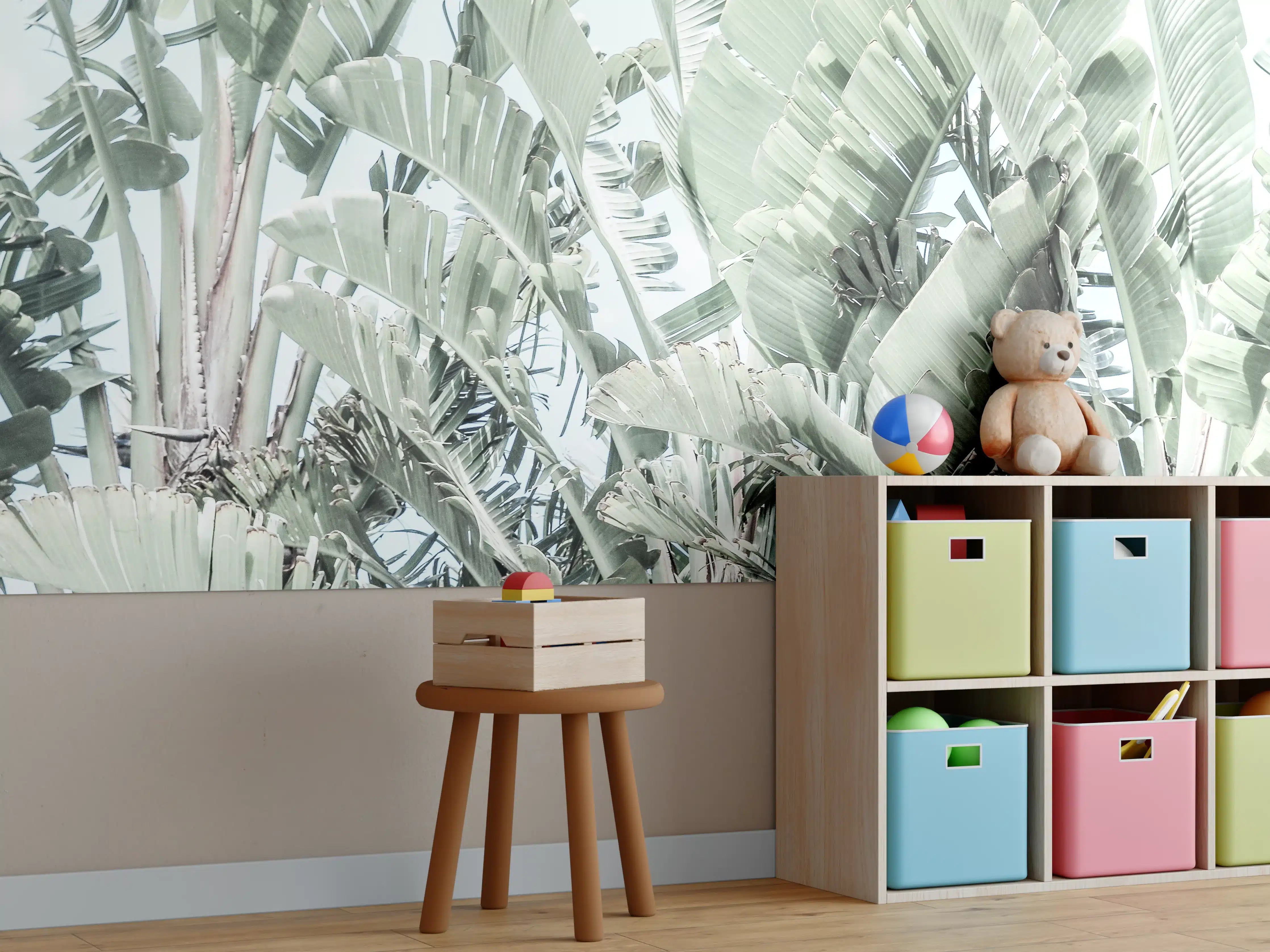 Kinderzimmer Wandgestaltung - Grün-Weiße Palmenblätter