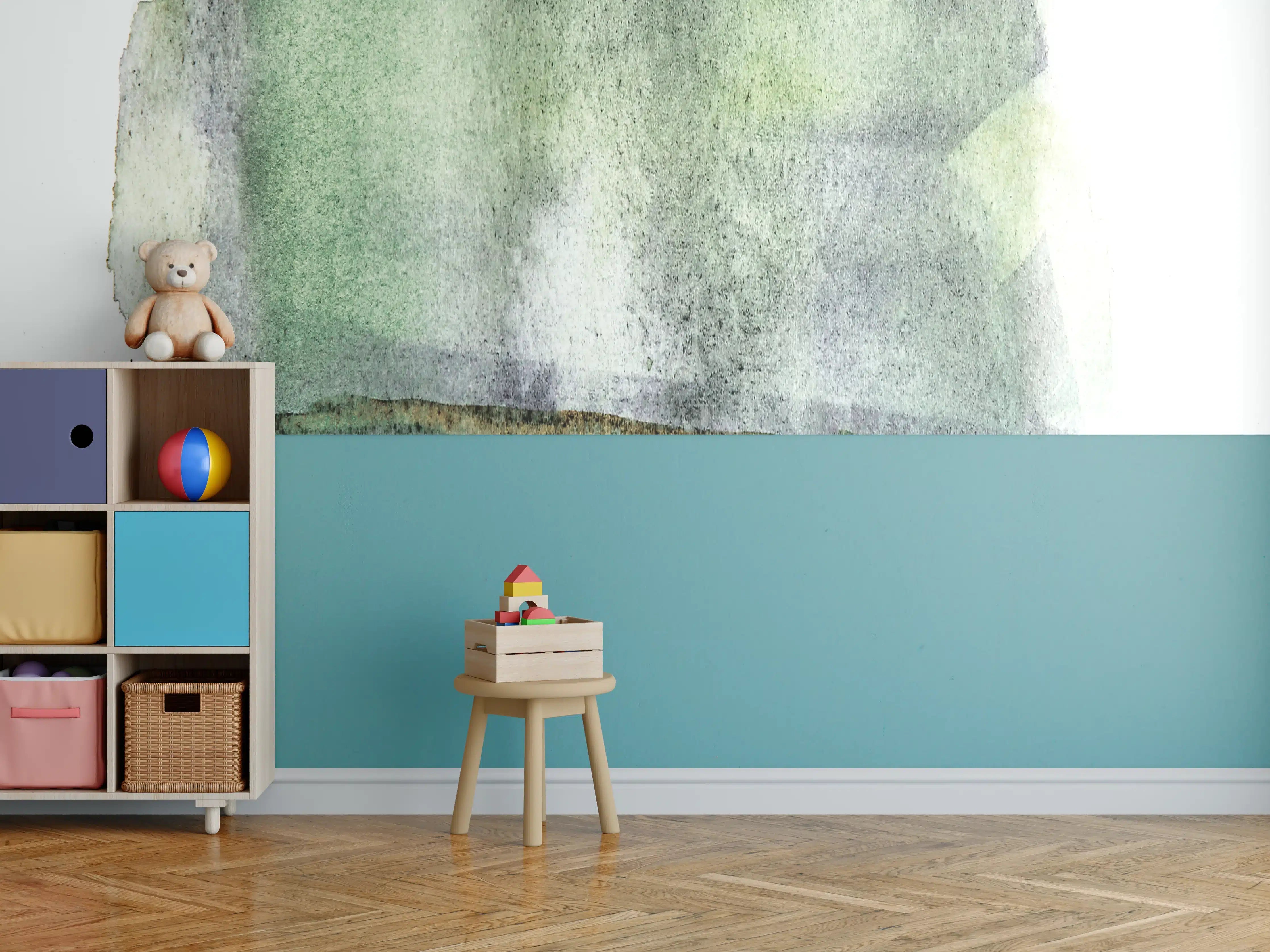 Kinderzimmer Wandgestaltung - Grün-weiße Aquarellmalerei