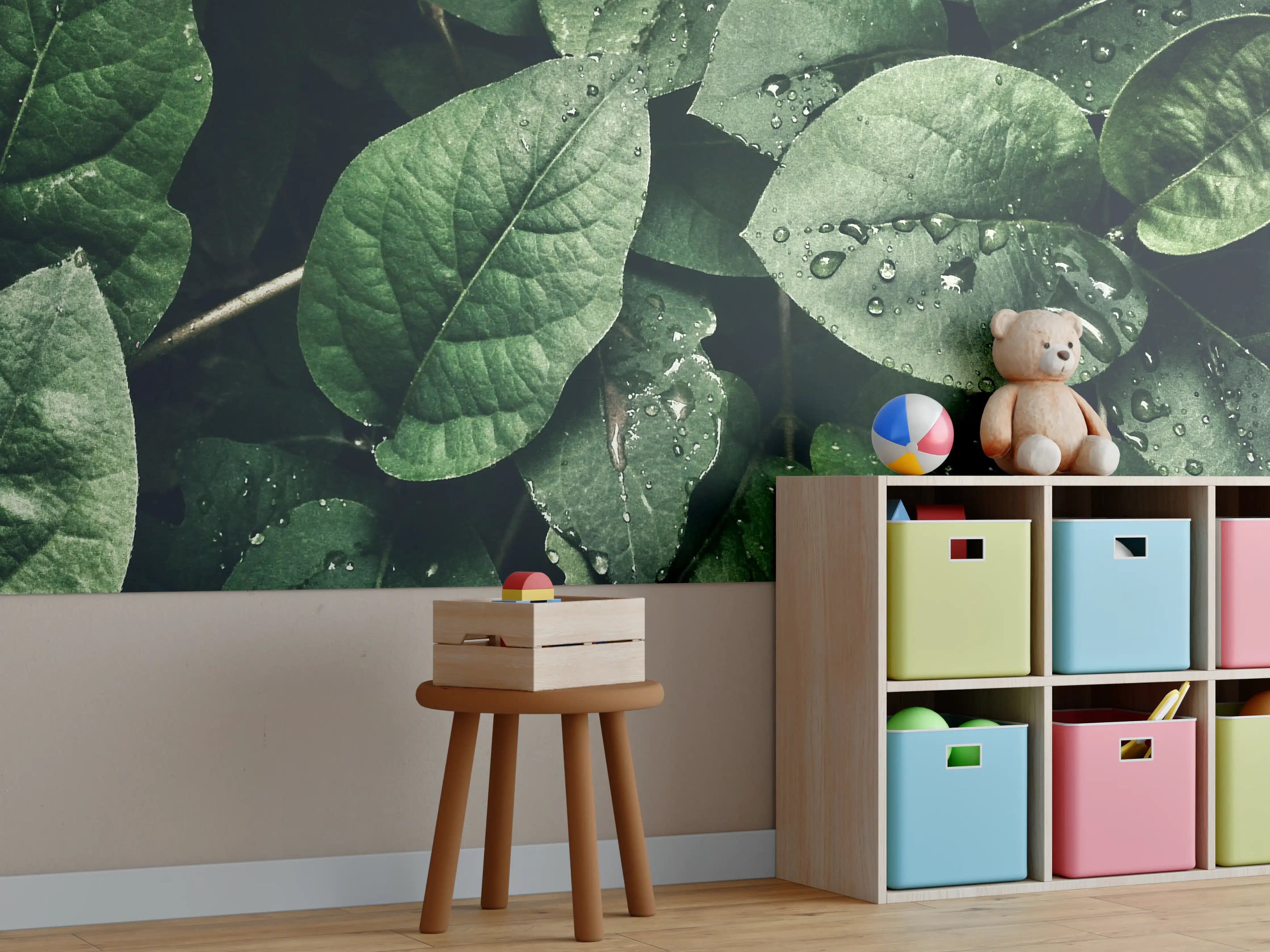 Kinderzimmer Wandgestaltung - Grüne Blätter mit Wassertropfen