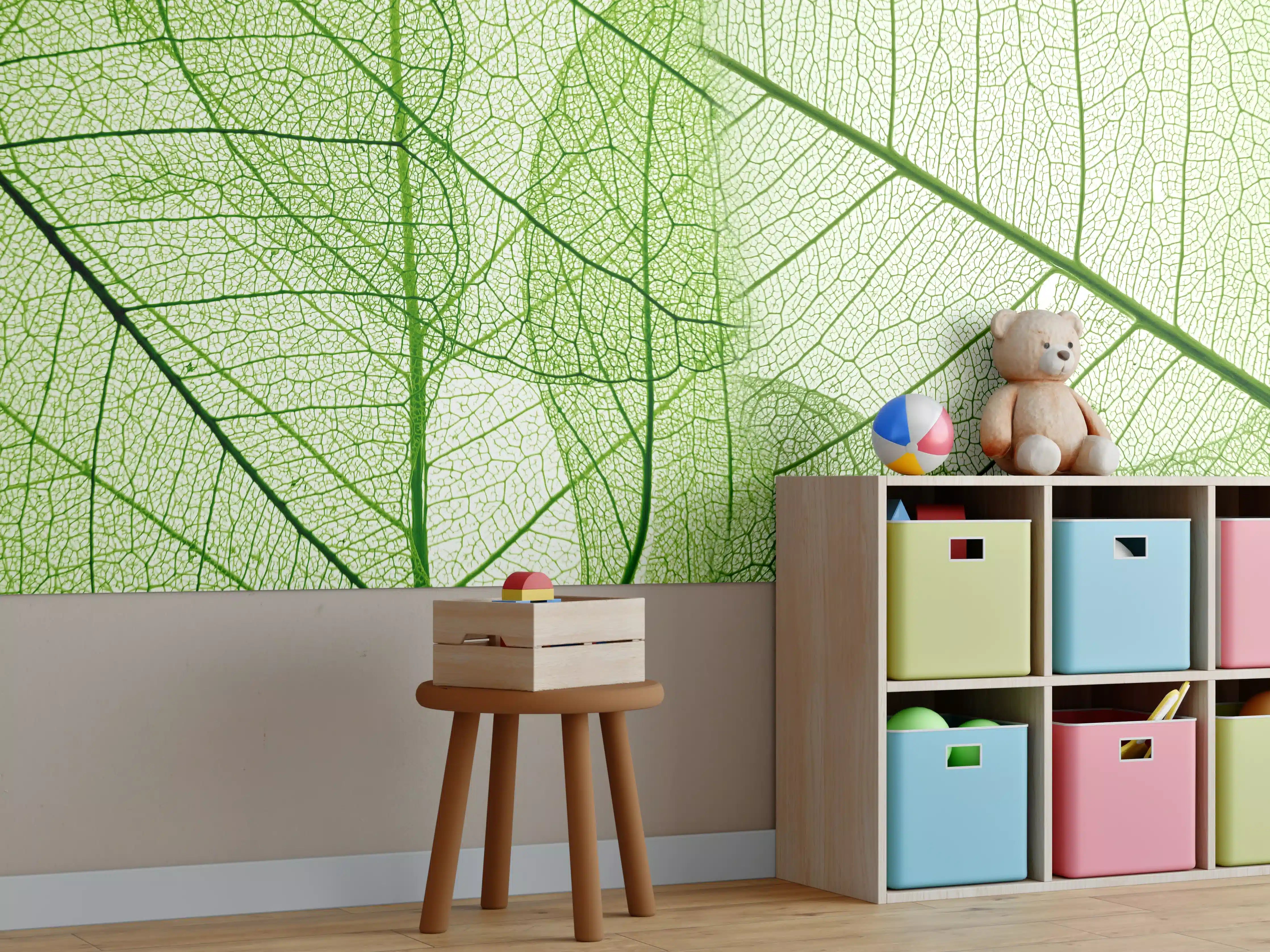 Kinderzimmer Wandgestaltung - Grüne Blätter mit feinen Adern