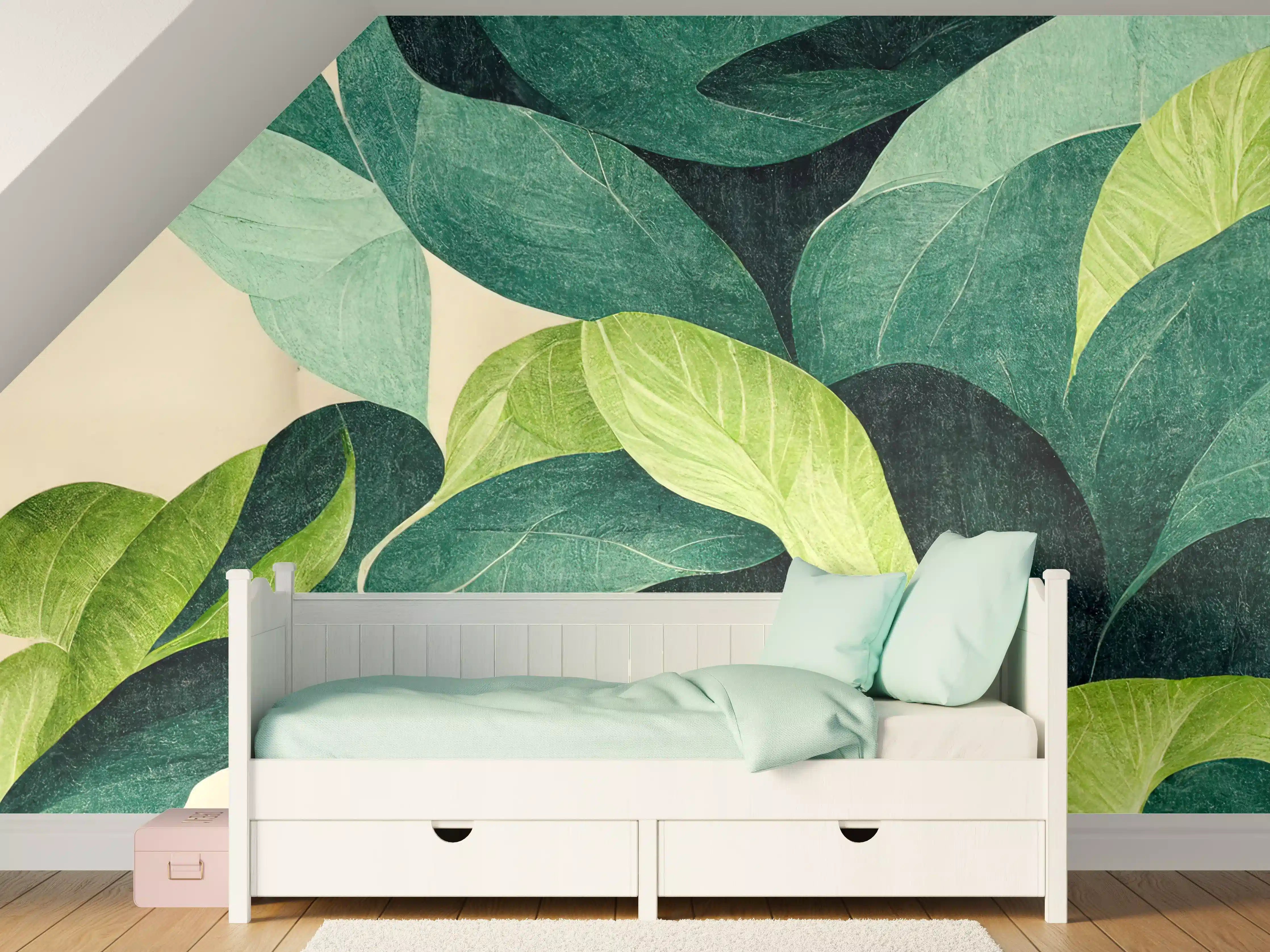 Kinderzimmer Wandgestaltung - Grüne Blätter mit natürlicher Textur