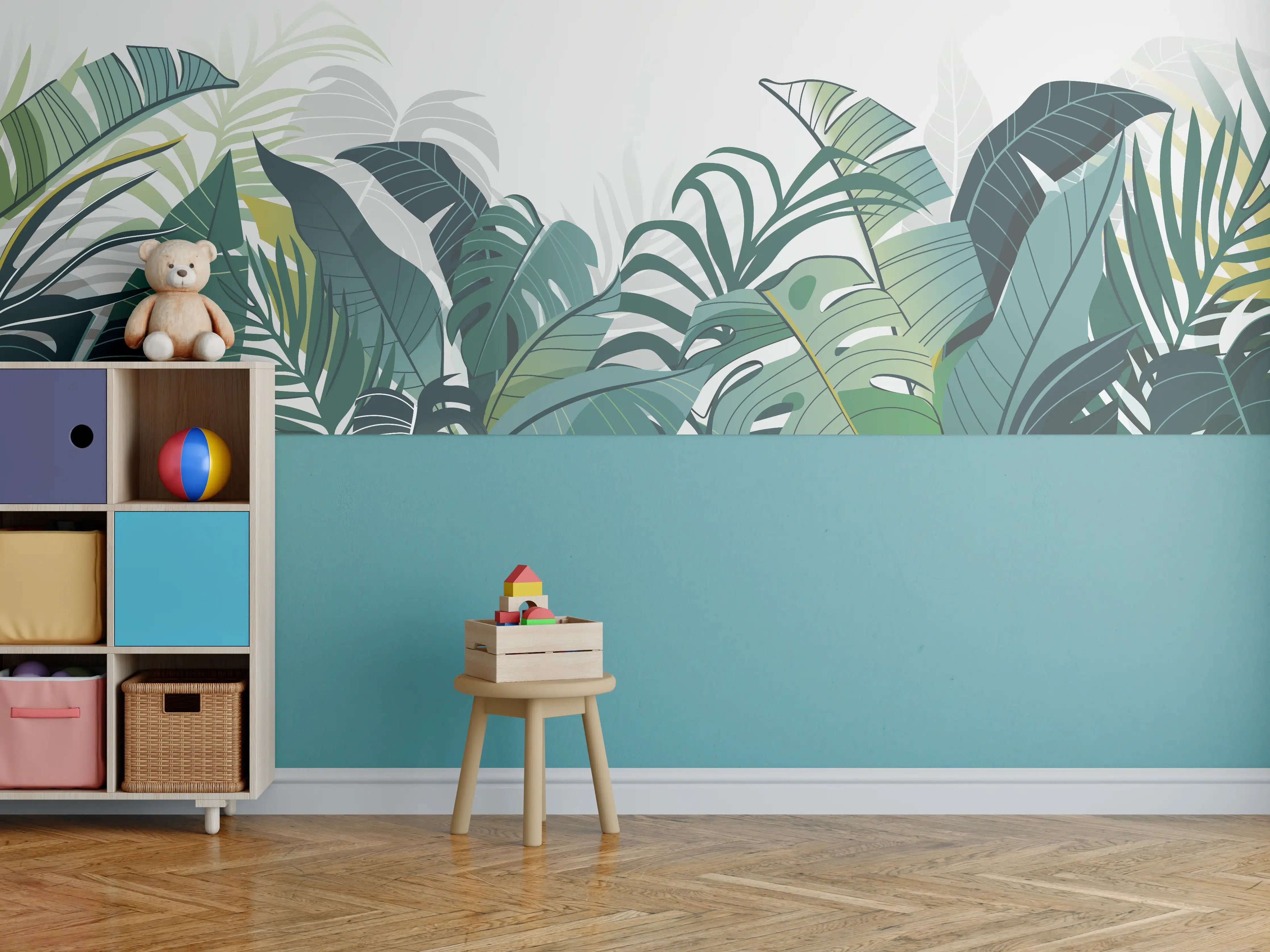 Kinderzimmer Wandgestaltung - Grüne Dschungelpflanzen mit verschiedenfarbigen Blättern