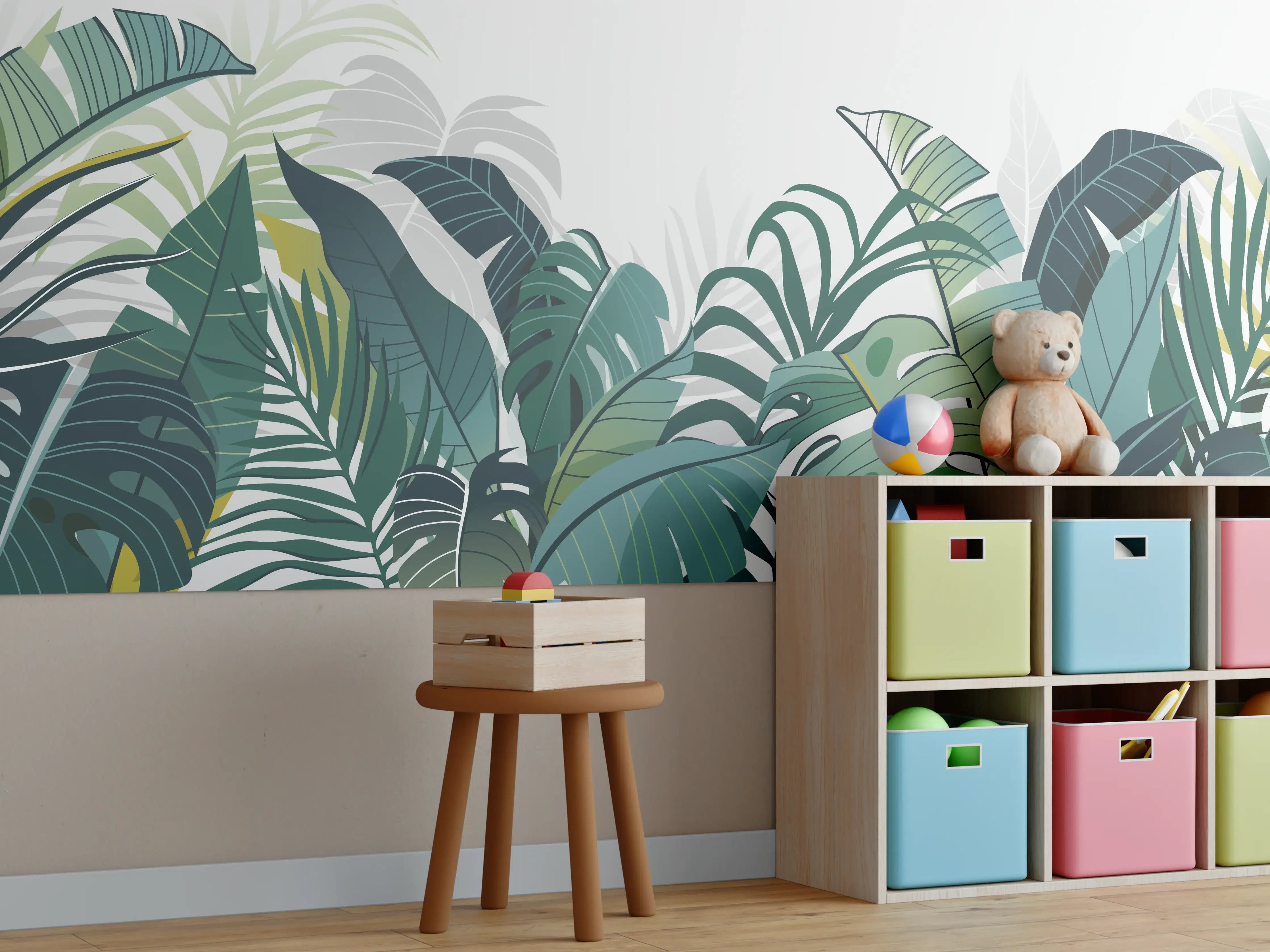 Kinderzimmer Wandgestaltung - Grüne Dschungelpflanzen mit verschiedenfarbigen Blättern