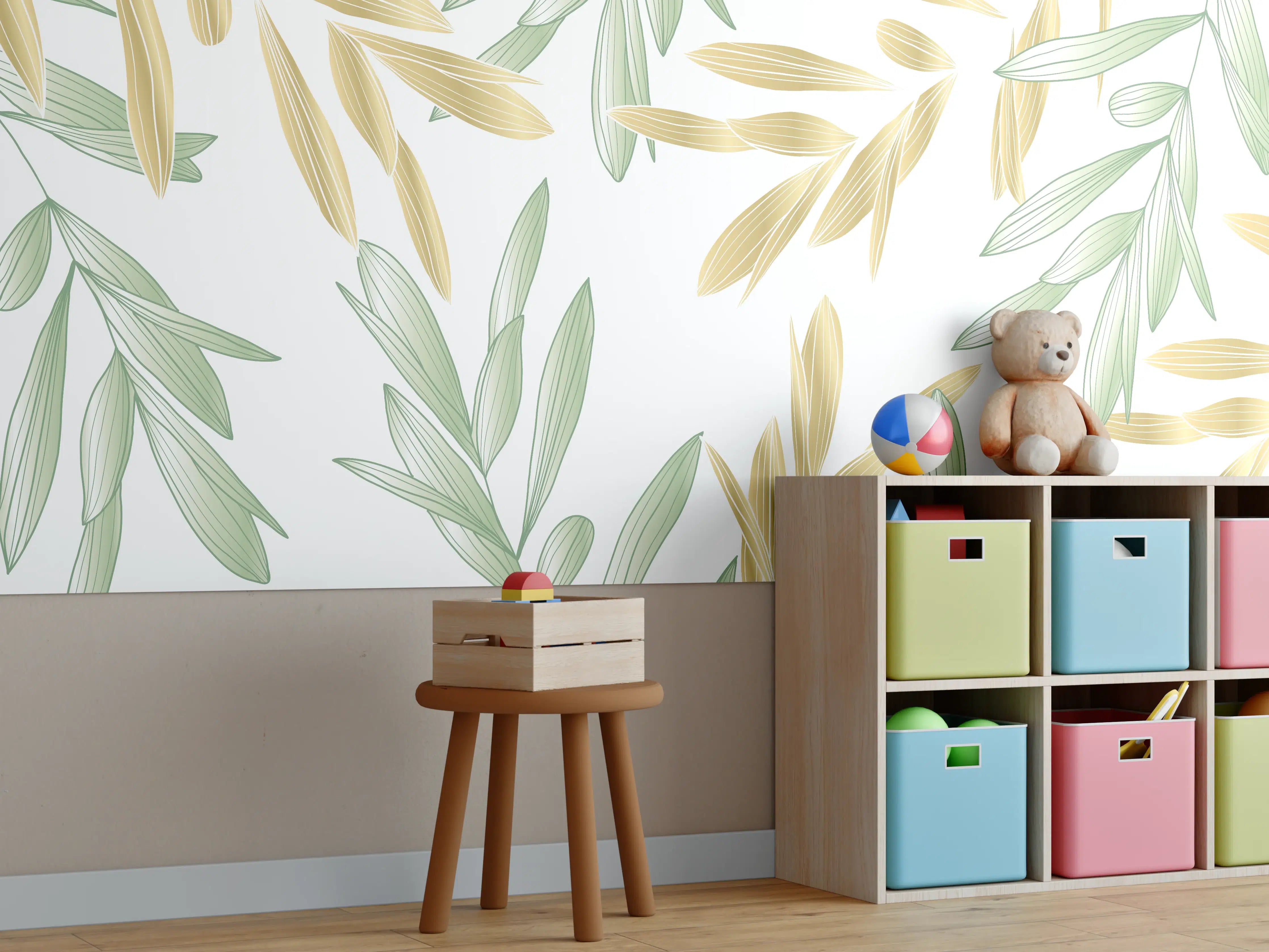 Kinderzimmer Wandgestaltung - Grüne Olivenzweige Muster