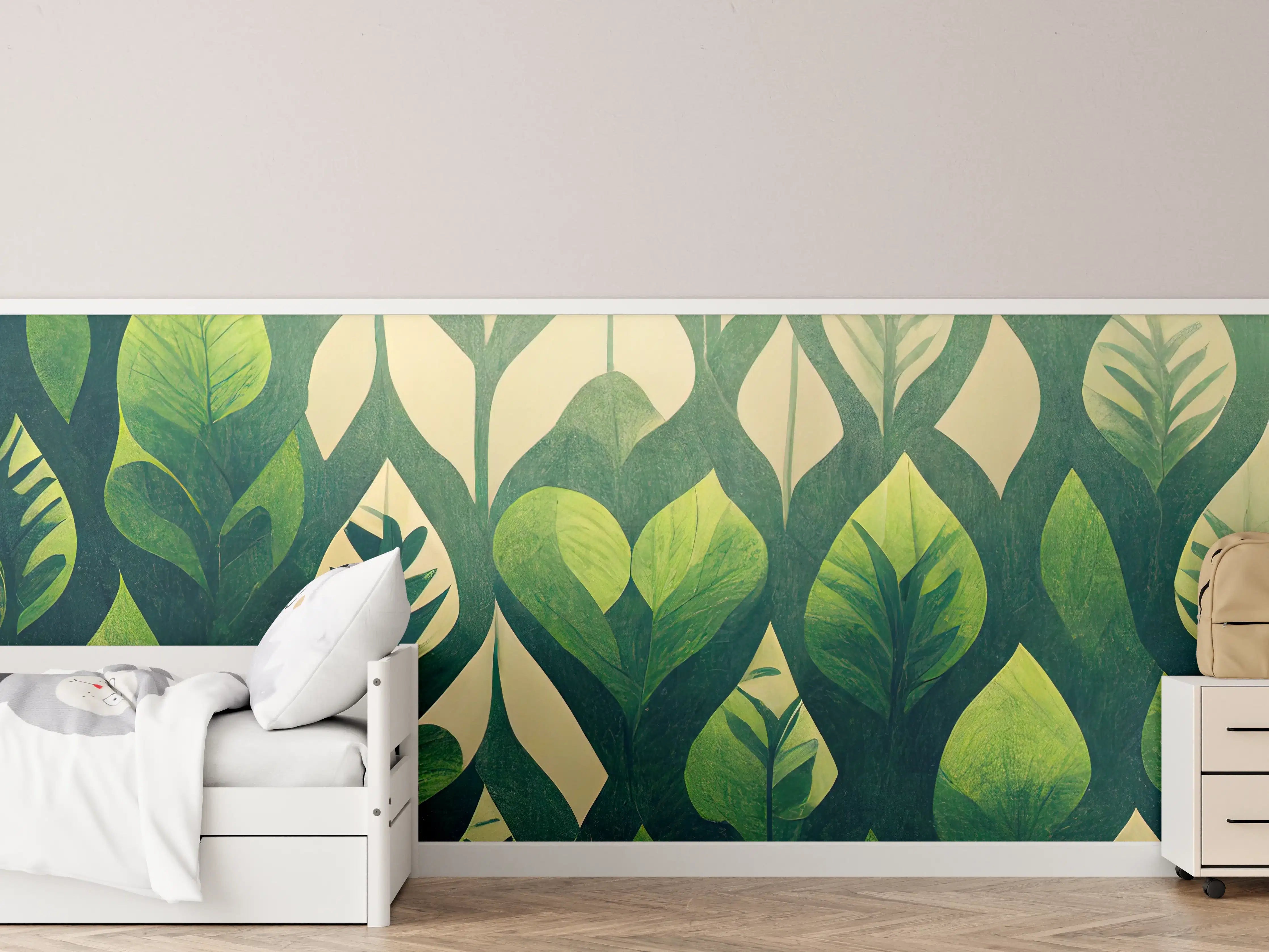 Kinderzimmer Wandgestaltung - Grüne Pflanzenmuster mit Blattmotiven