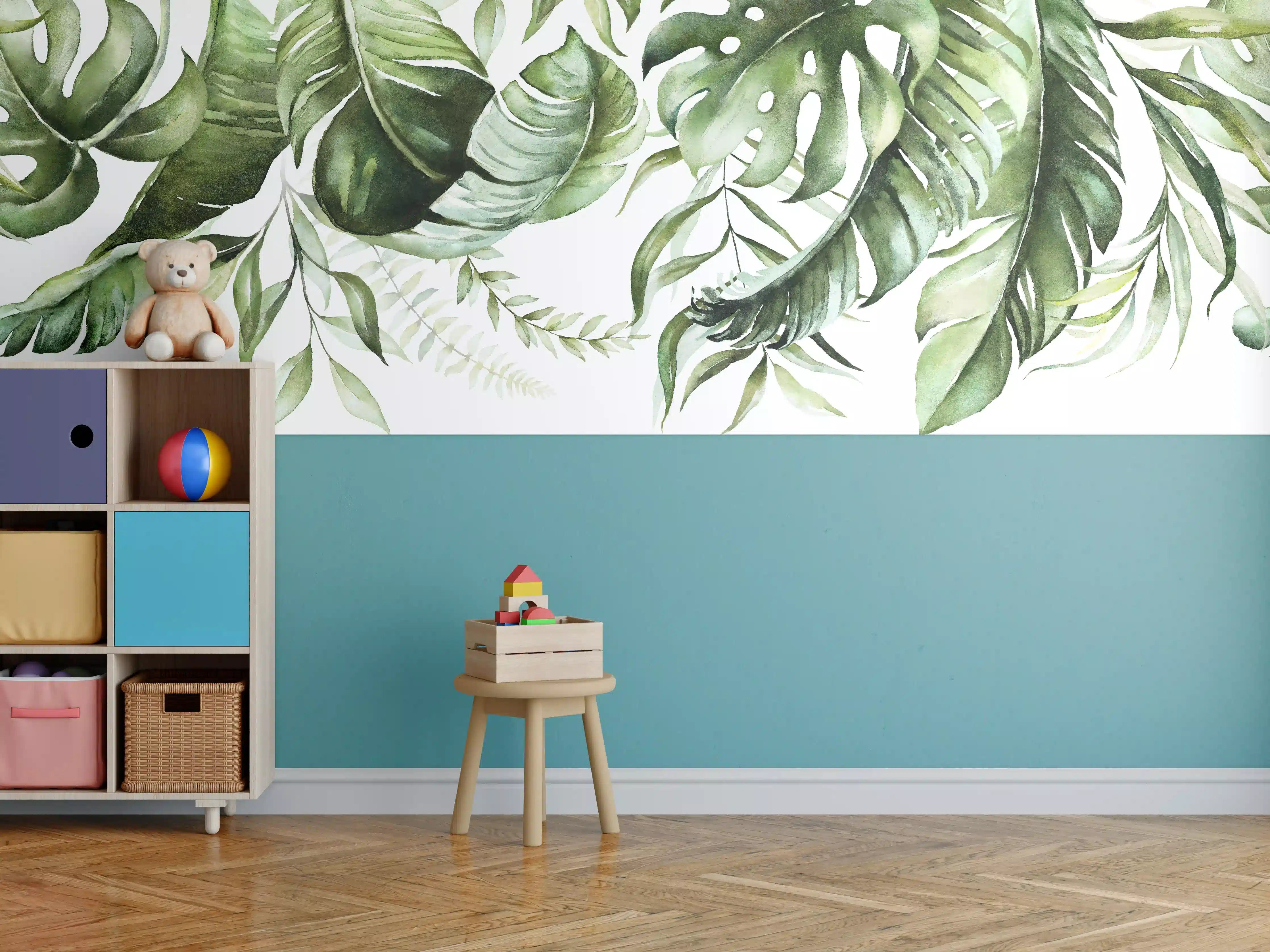 Kinderzimmer Wandgestaltung - Grüne Tropenblätter Aquarell