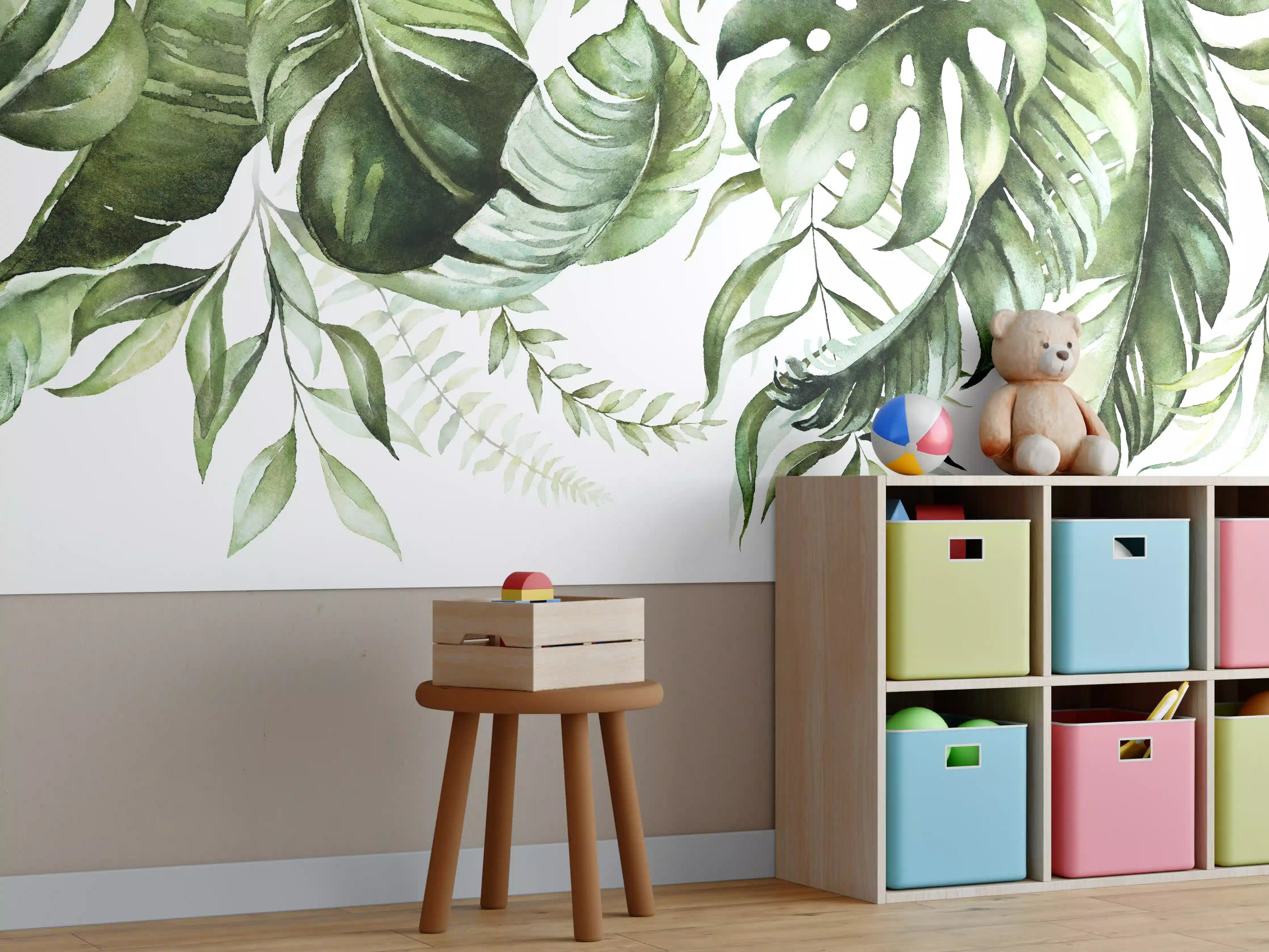 Kinderzimmer Wandgestaltung - Grüne Tropenblätter Aquarell