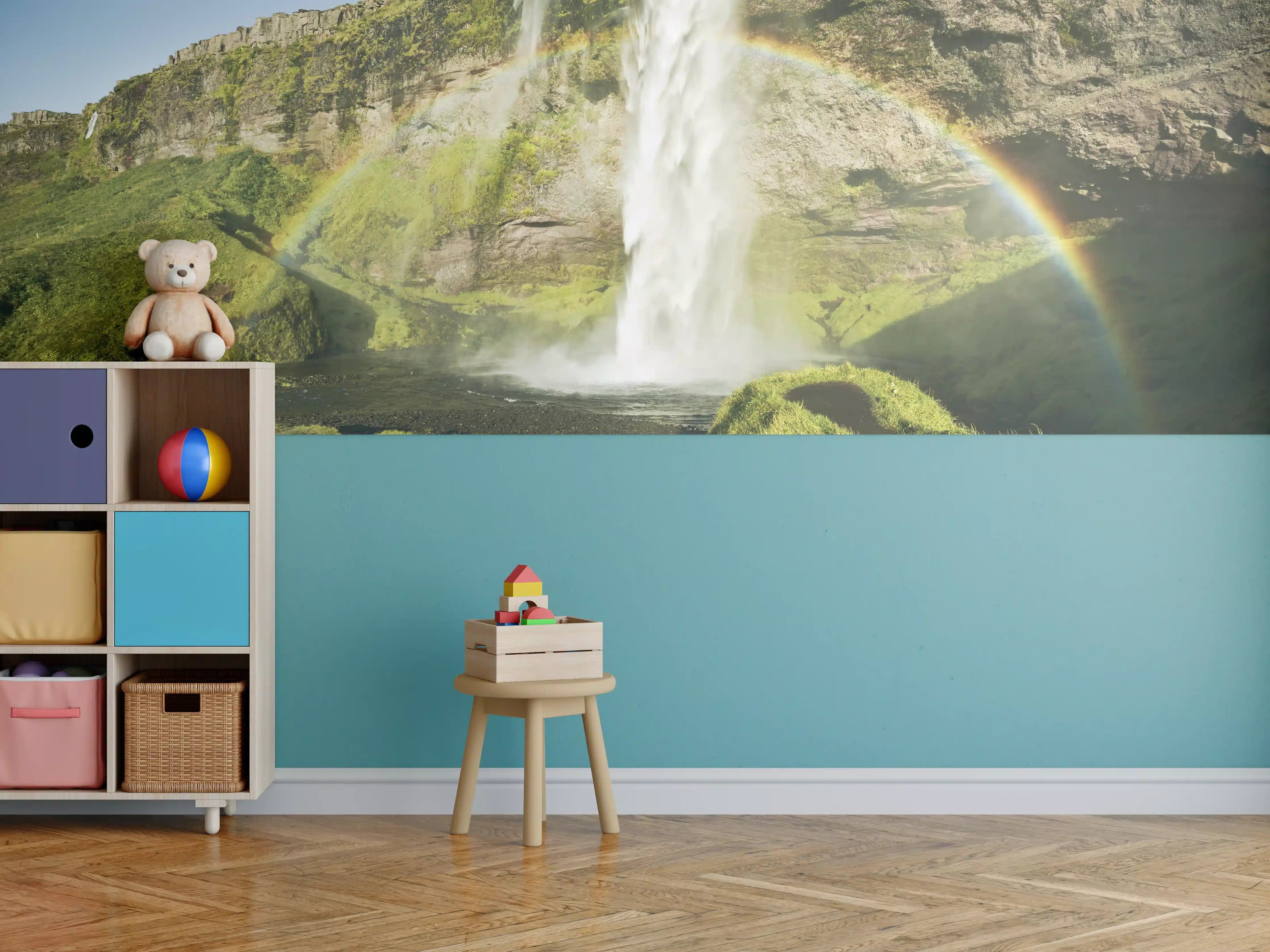 Kinderzimmer Wandgestaltung - Grüne Wasserfall-Landschaft mit Regenbogen