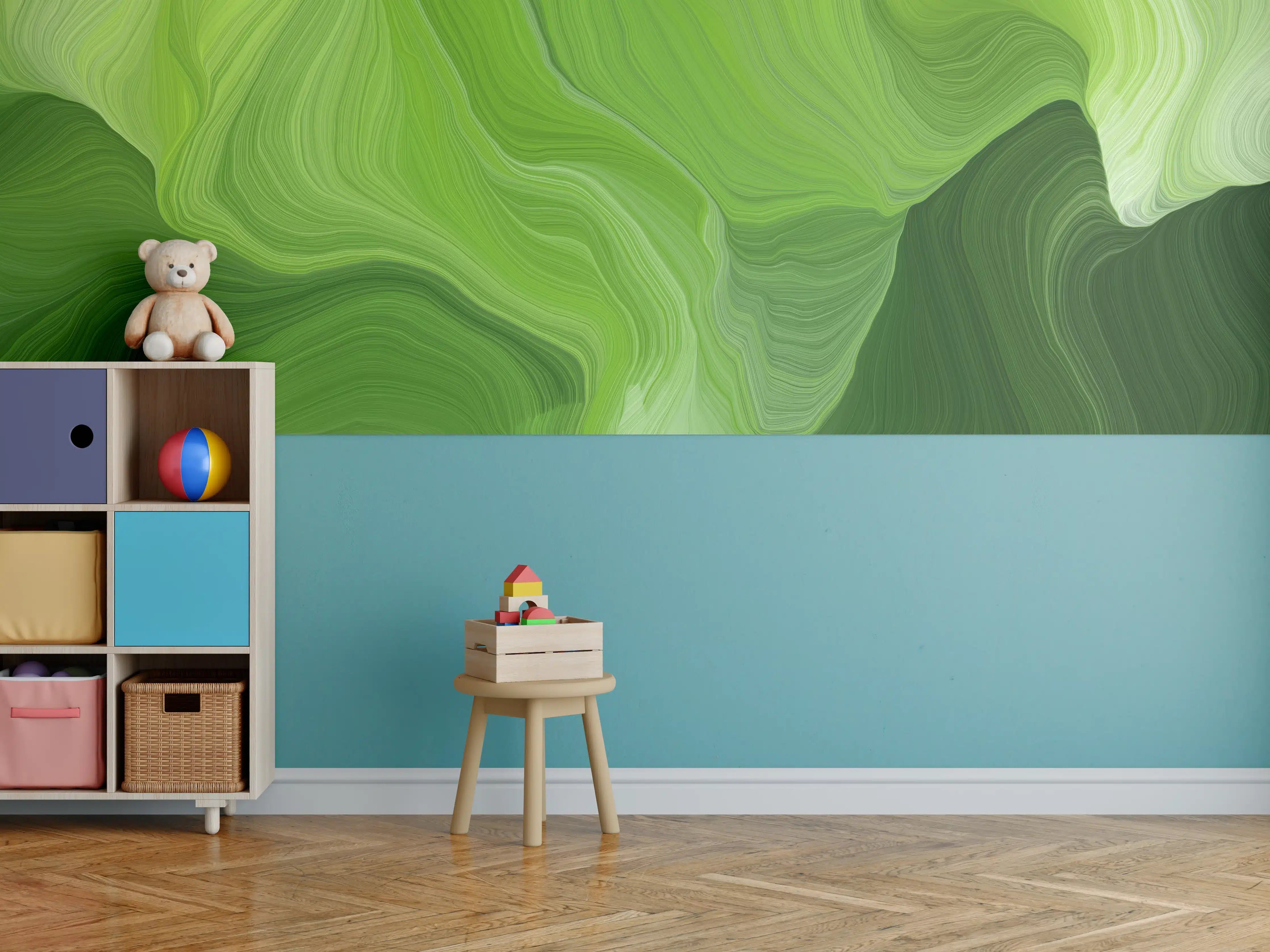 Kinderzimmer Wandgestaltung - Grüne abstrakte Malerei mit fließenden Mustern