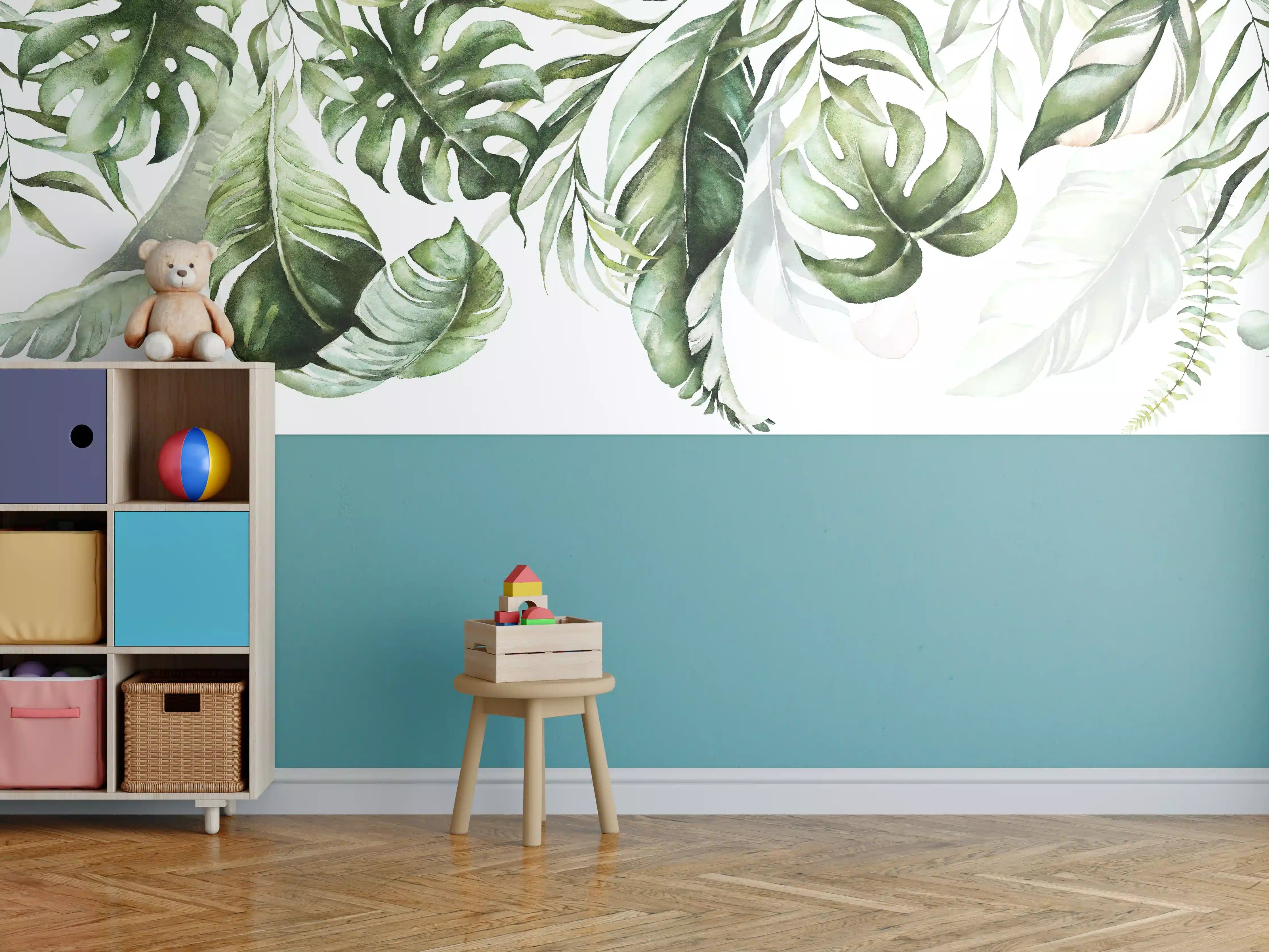 Kinderzimmer Wandgestaltung - Grüne tropische Blätter Aquarell