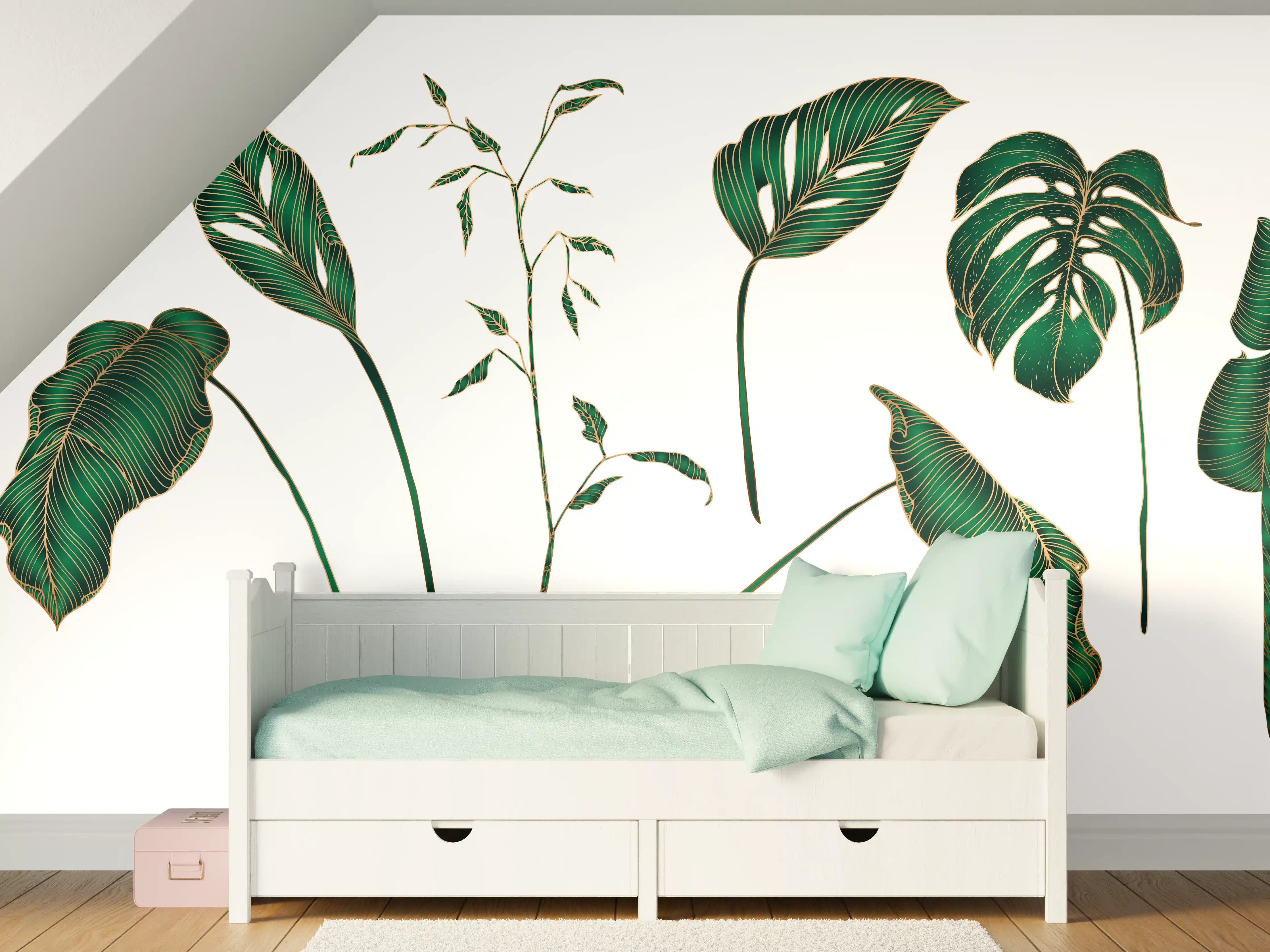 Kinderzimmer Wandgestaltung - Grüne tropische Blätter in verschiedenen Formen