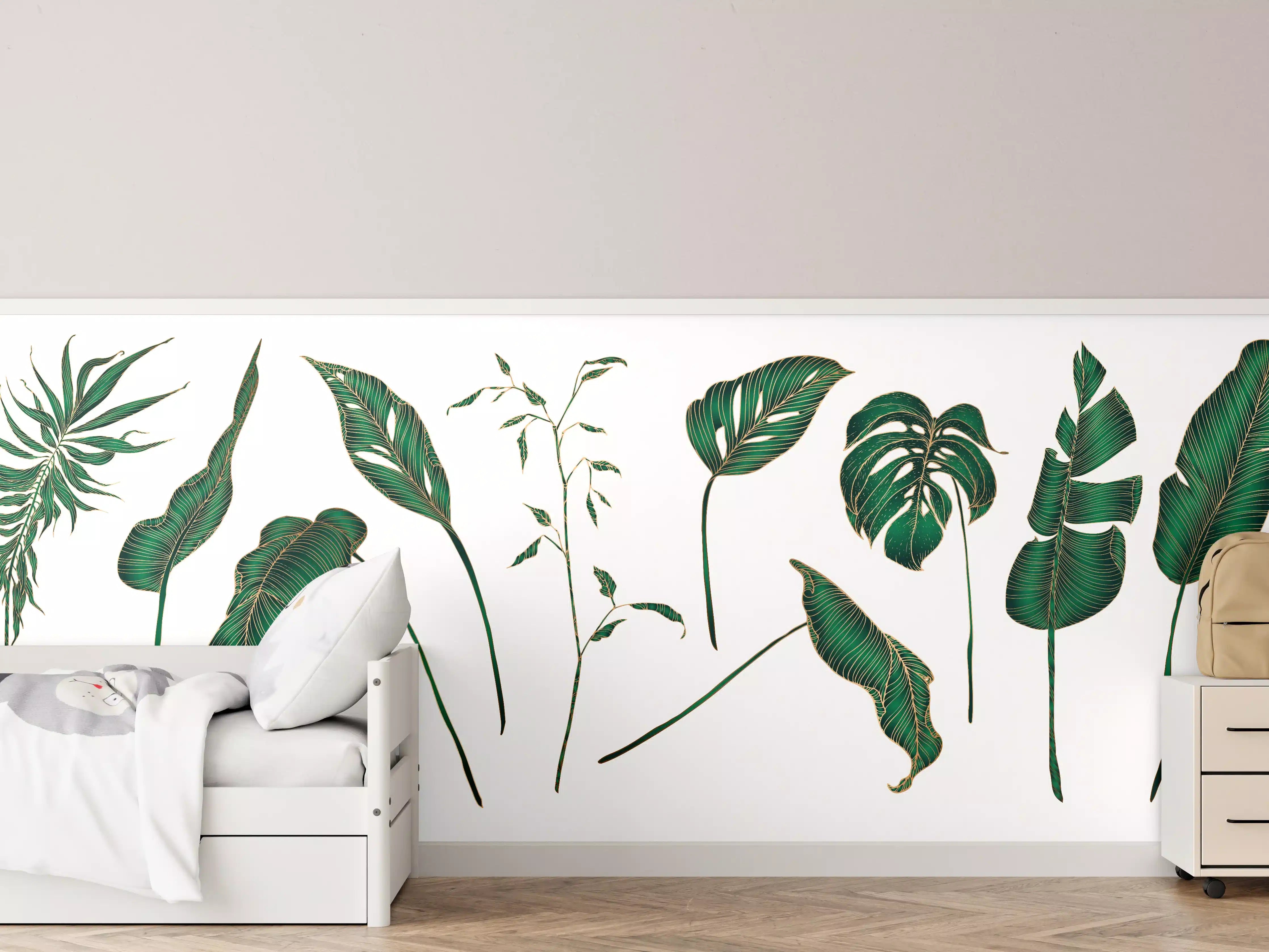 Kinderzimmer Wandgestaltung - Grüne tropische Blätter in verschiedenen Formen