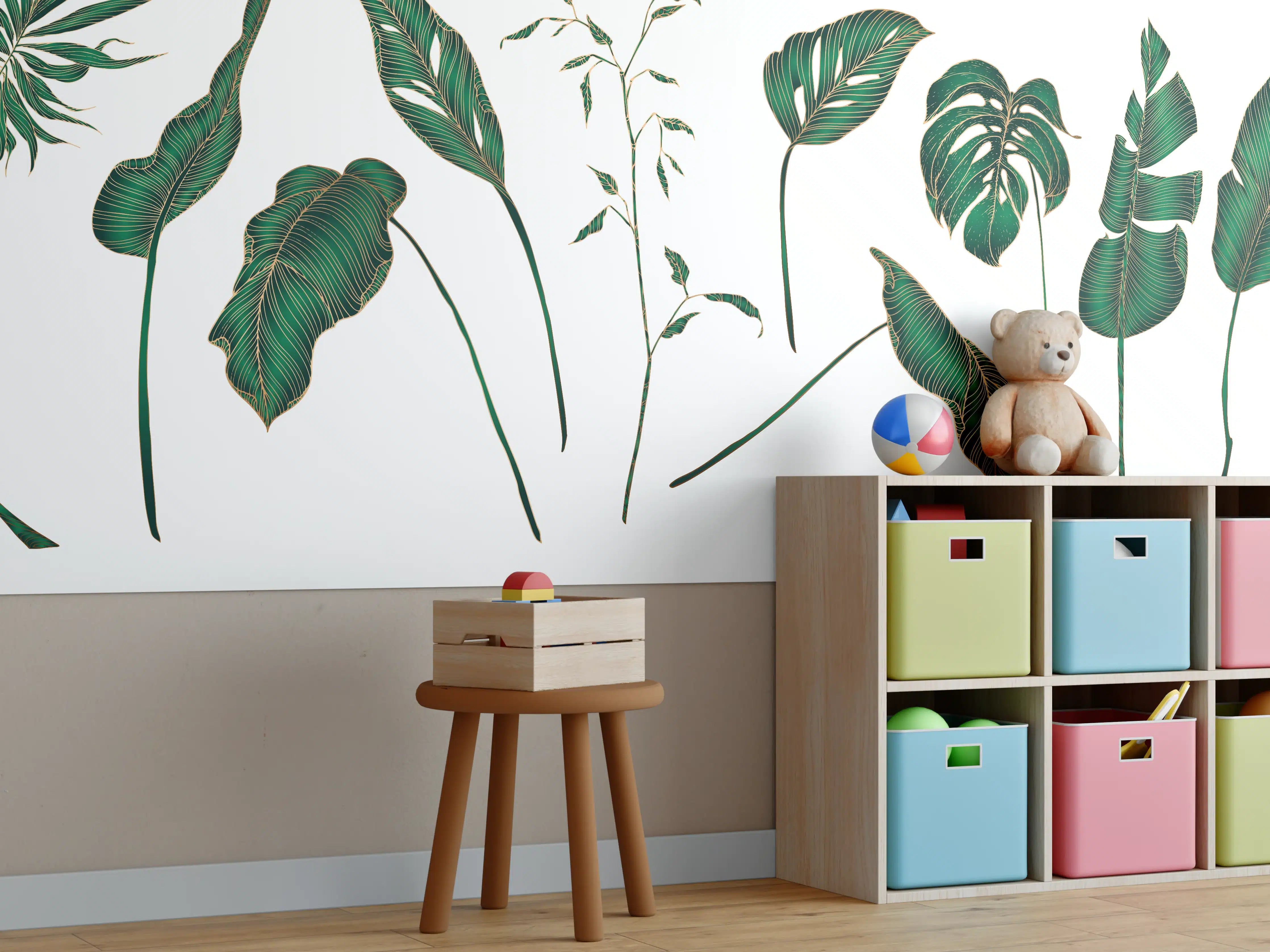 Kinderzimmer Wandgestaltung - Grüne tropische Blätter in verschiedenen Formen