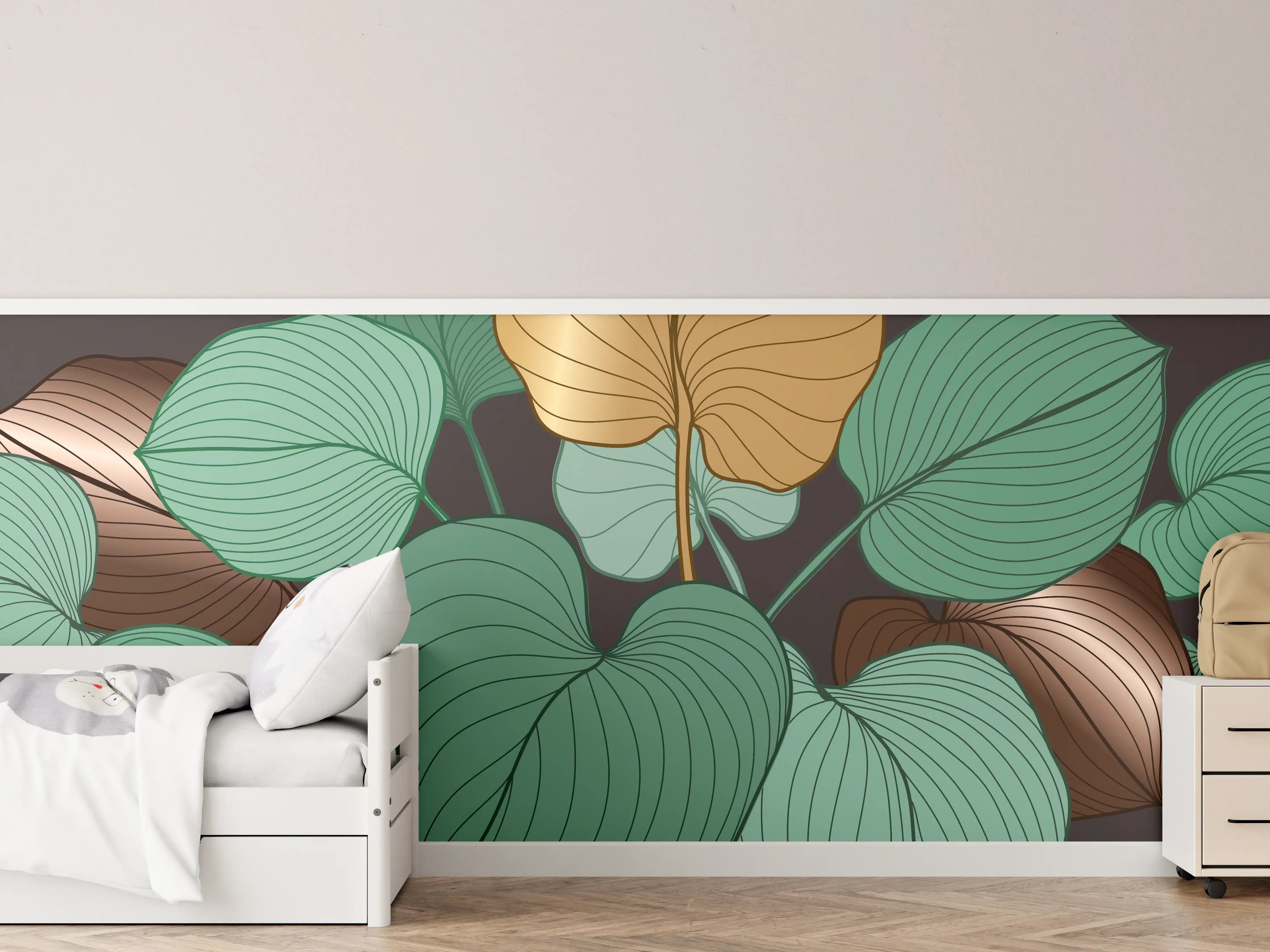 Kinderzimmer Wandgestaltung - Grüne und braune Blätter auf dunklem Hintergrund