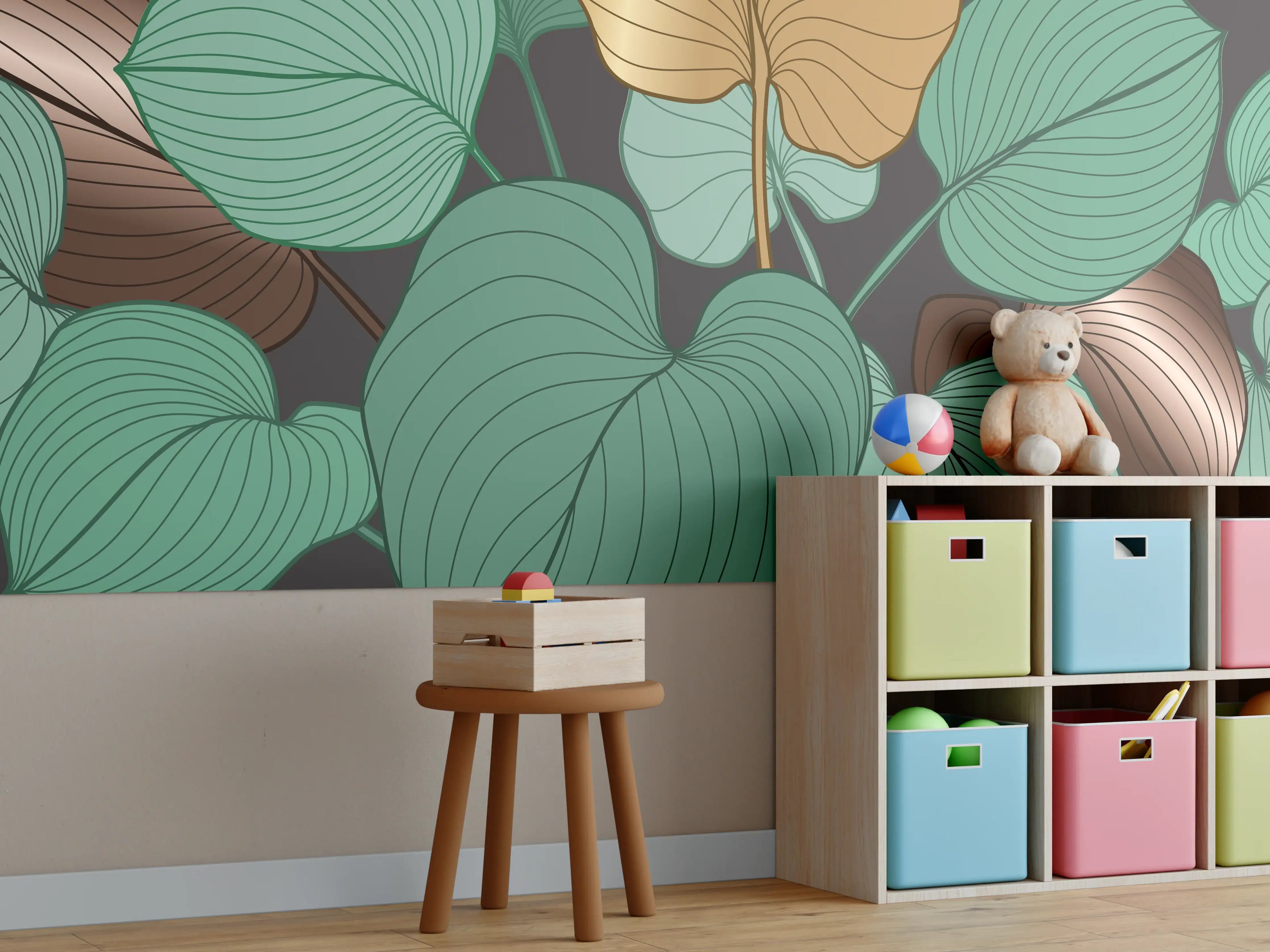 Kinderzimmer Wandgestaltung - Grüne und braune Blätter auf dunklem Hintergrund