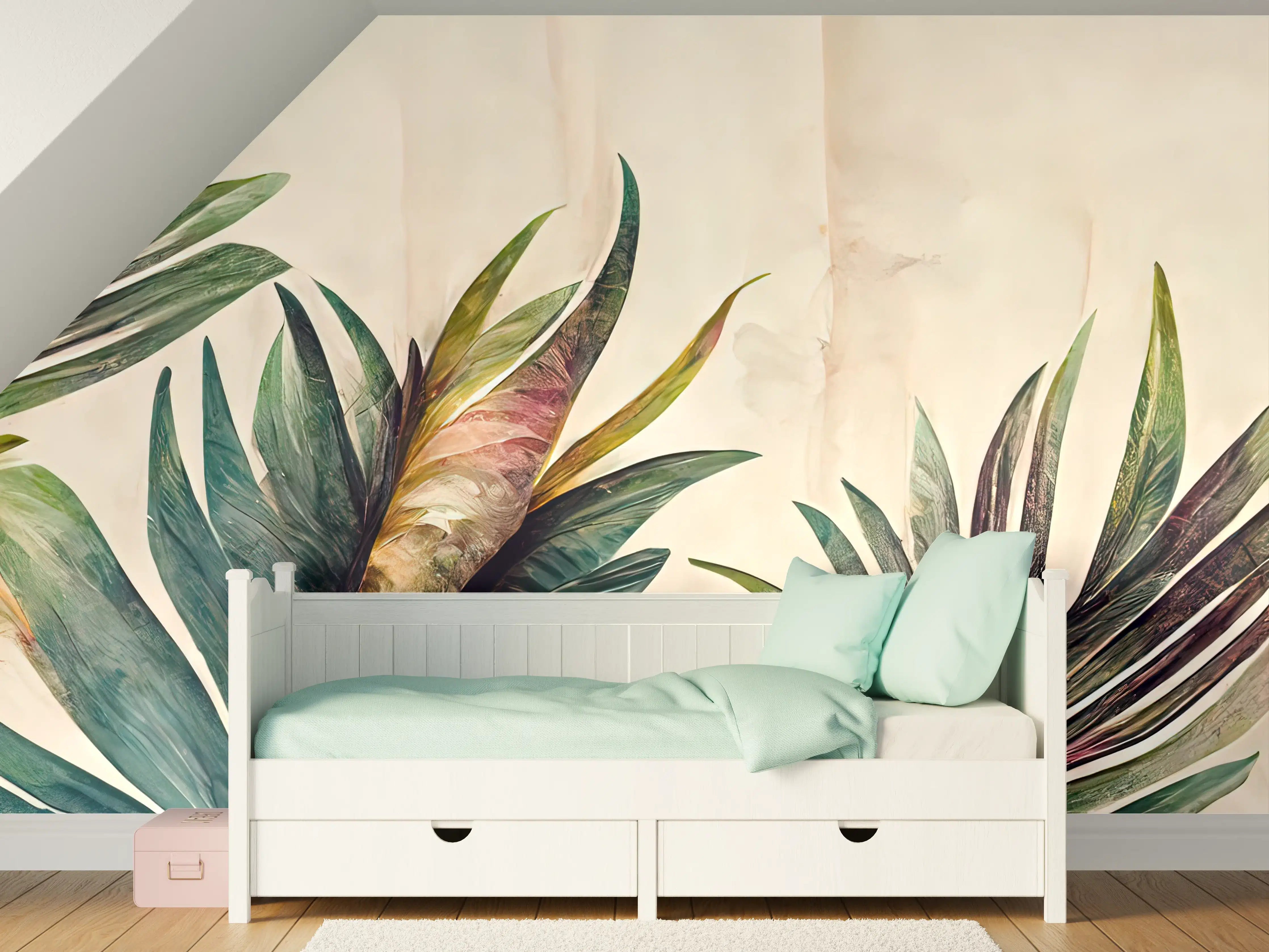 Kinderzimmer Wandgestaltung - Grüne und bunte Blätter im Wasserfarben-Stil