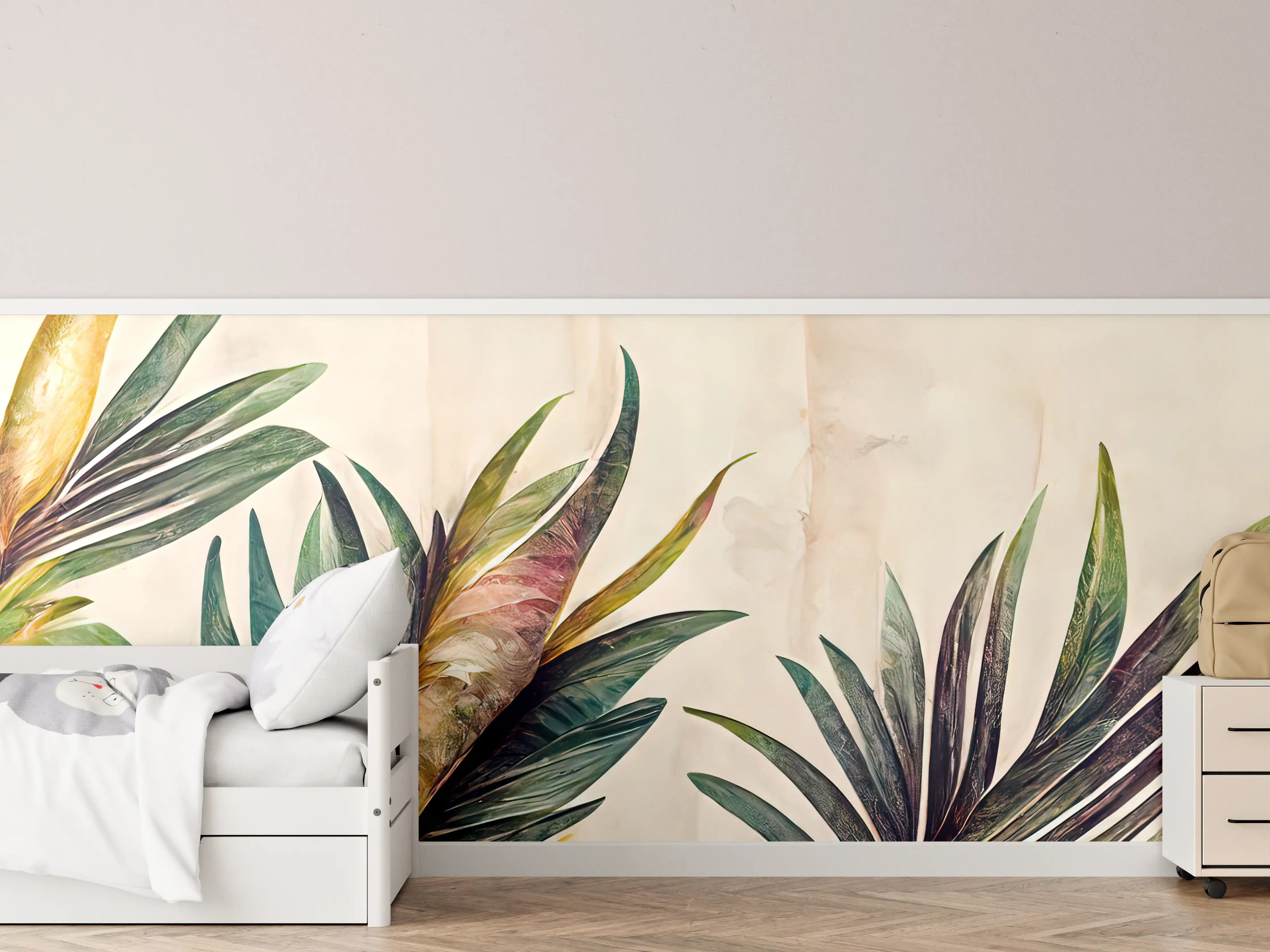 Kinderzimmer Wandgestaltung - Grüne und bunte Blätter im Wasserfarben-Stil