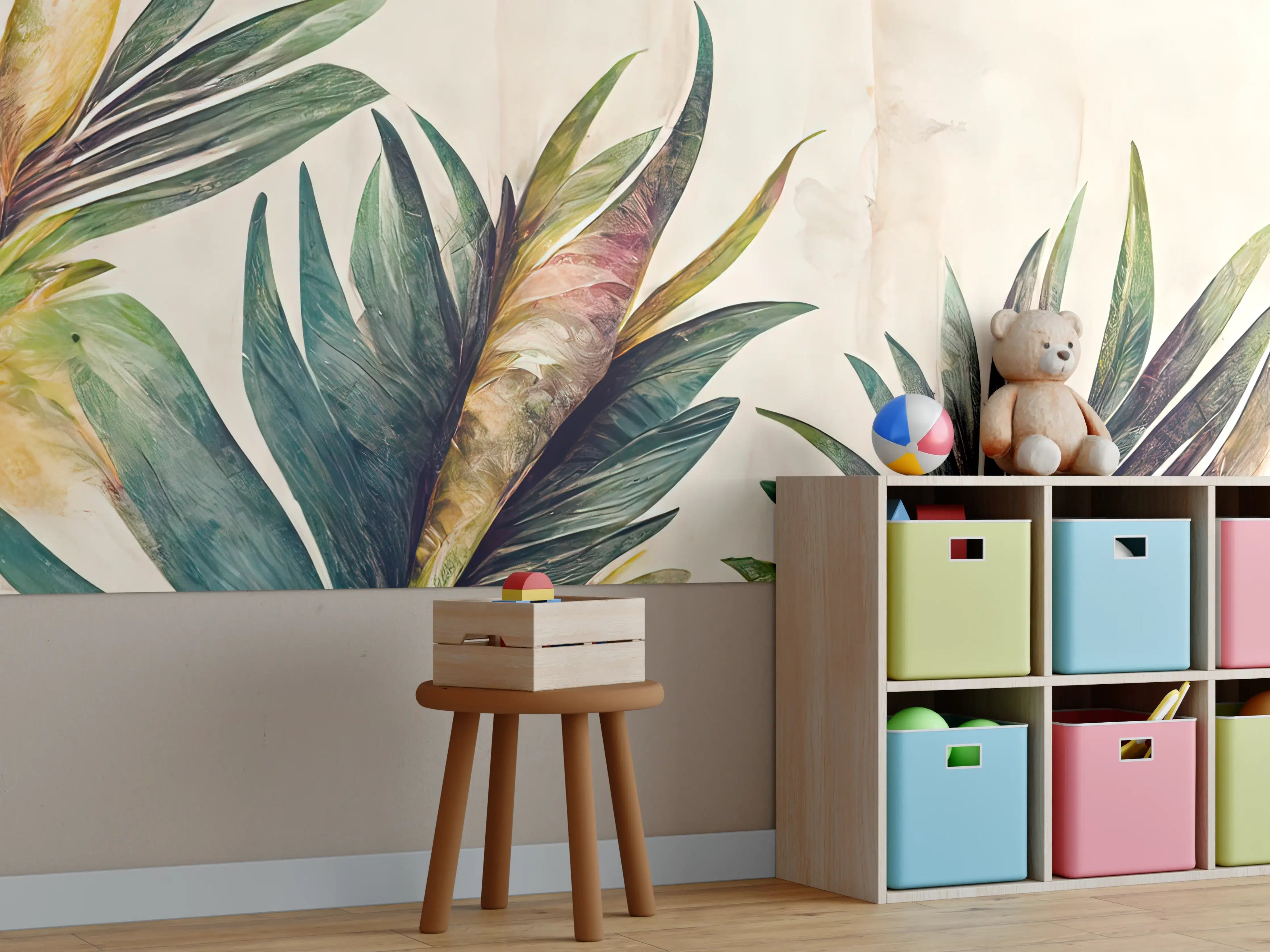 Kinderzimmer Wandgestaltung - Grüne und bunte Blätter im Wasserfarben-Stil