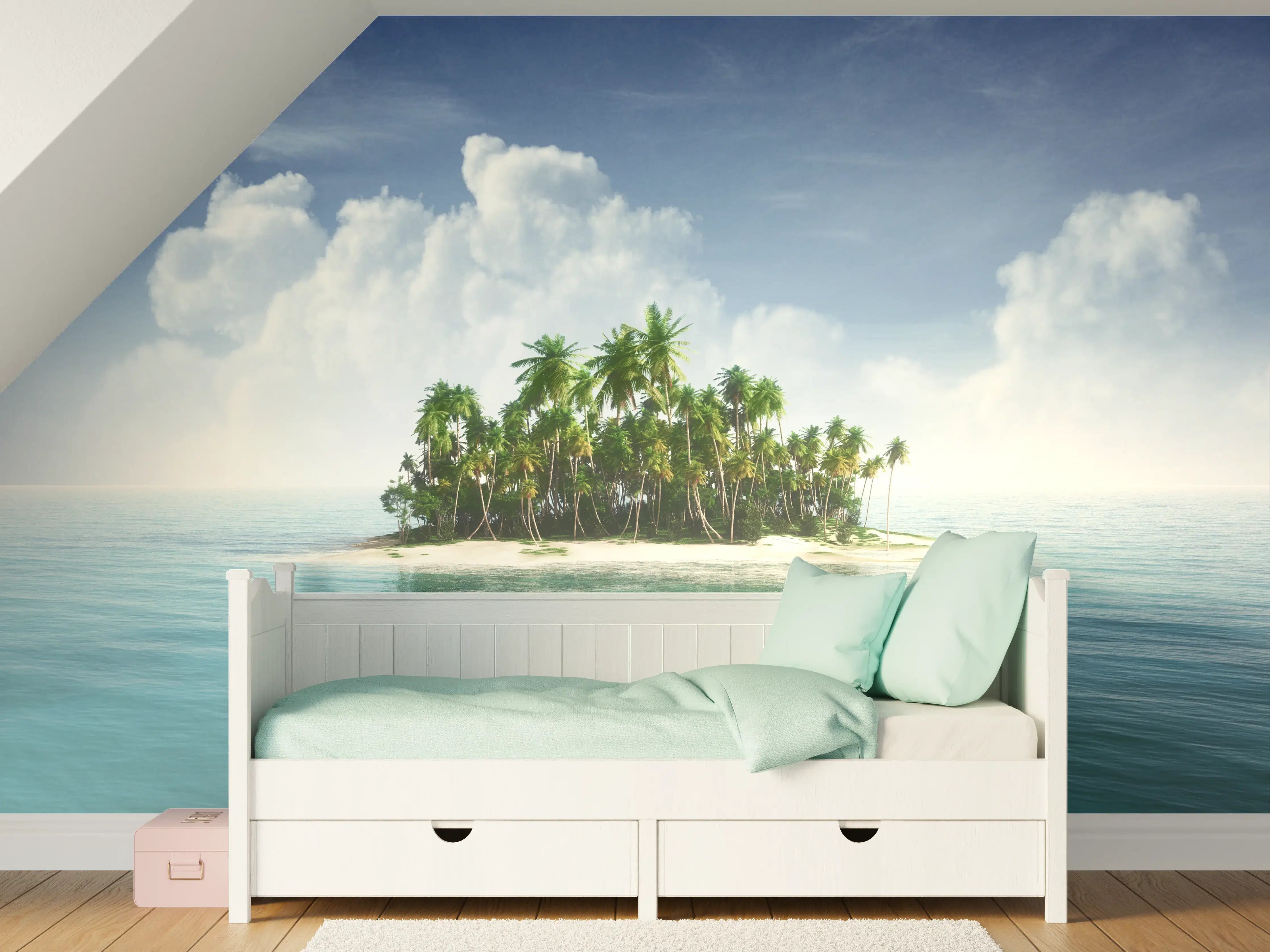 Kinderzimmer Wandgestaltung - Grüner Palmeninsel im azurblauen Wasser
