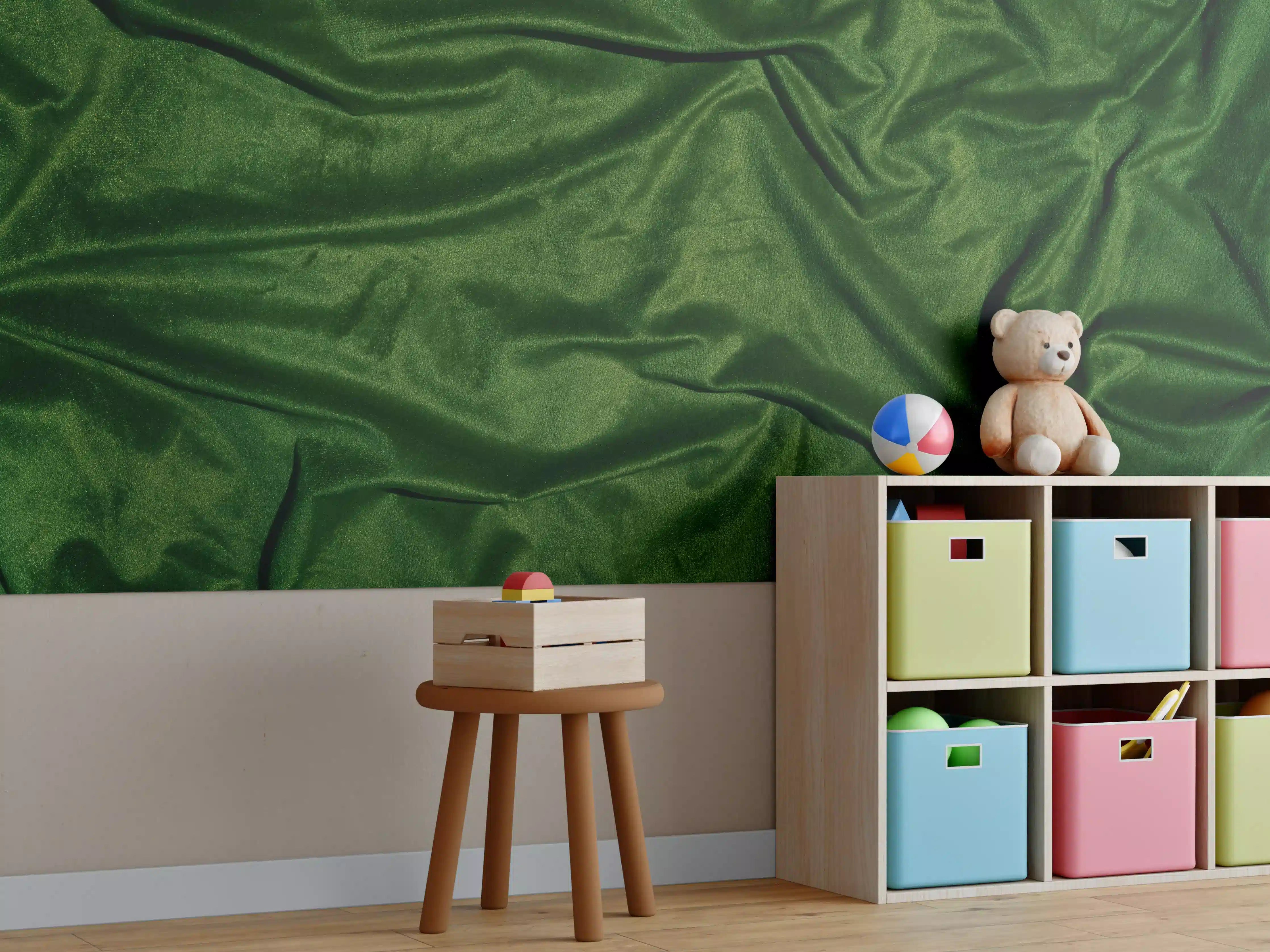 Kinderzimmer Wandgestaltung - Grüner Seidenstoff Hintergrund